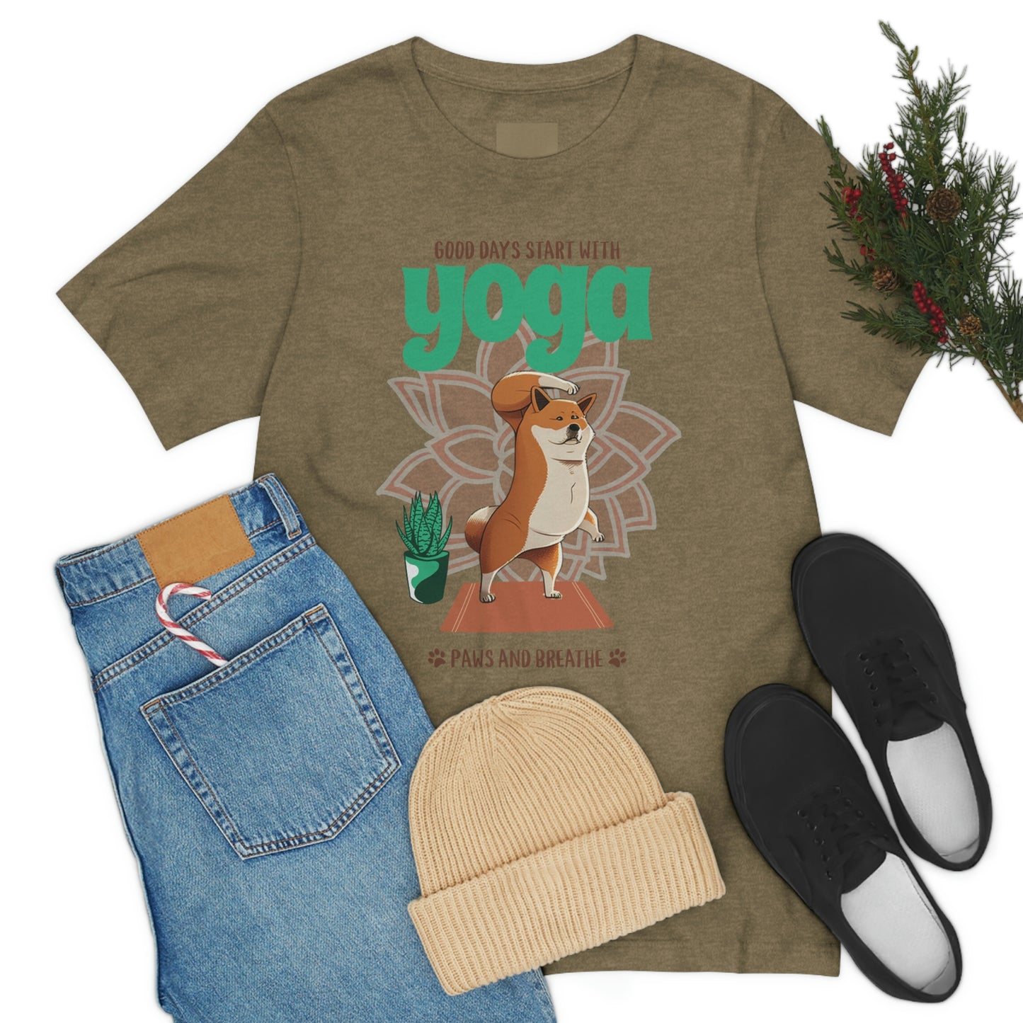 Good Days Start with Yoga, Paws, and Breath Shiba Inu T-Shirt - Soft 100% Retail Fit - Great for Dog Lovers and Yogis