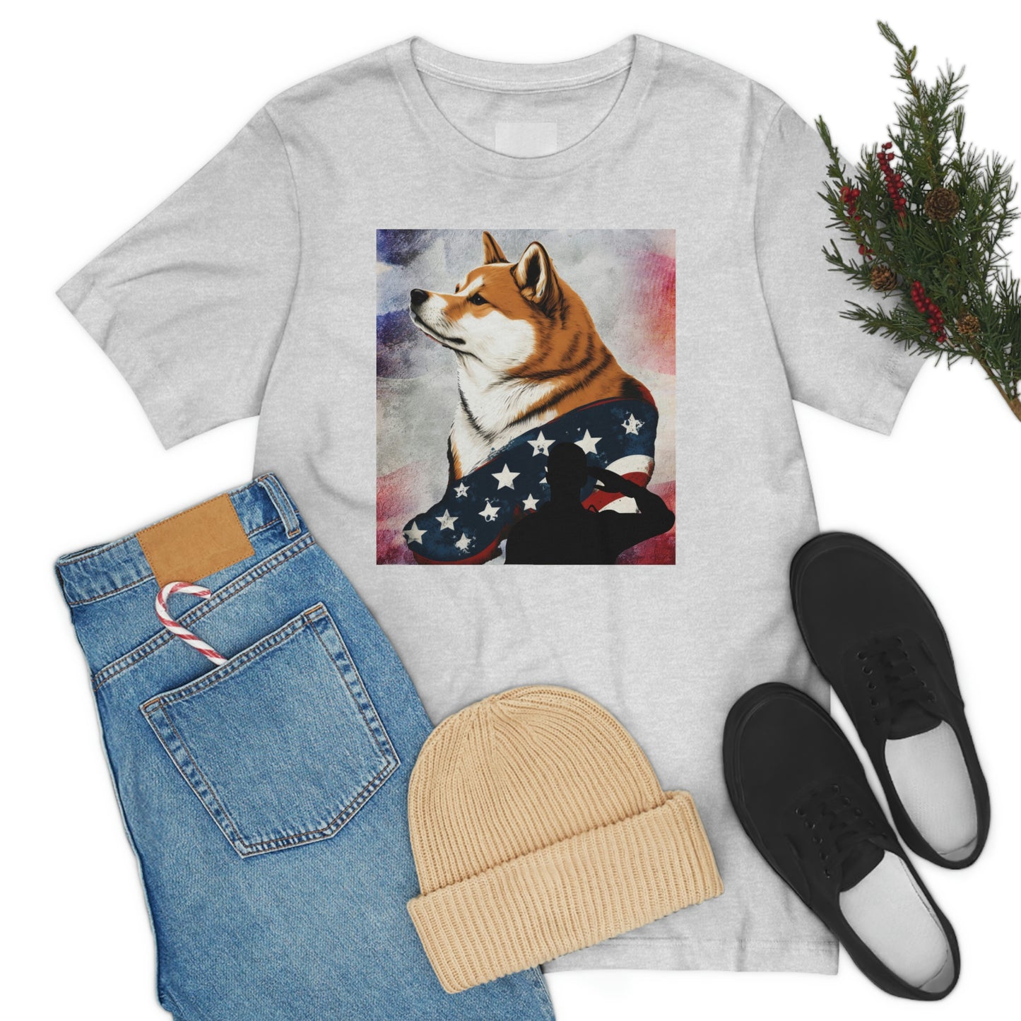 Patriotic Shiba Inu T-Shirt Support Our Troops | American Flag and Soldier Silhouette | Shiba Inu Tee with High-Quality Print