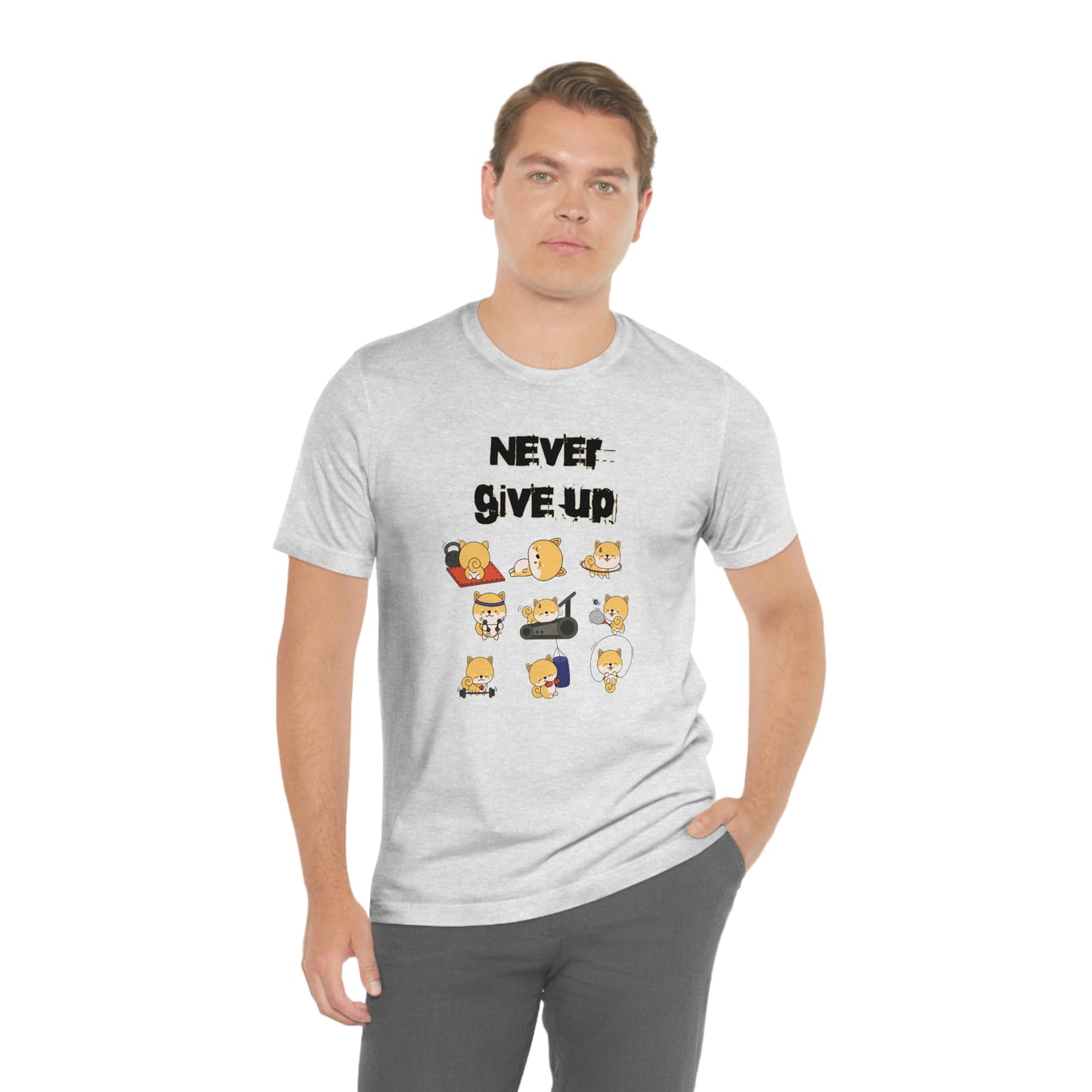 Never Give Up" Workout Shiba Inus T-Shirt - Soft & Durable Jersey Tee