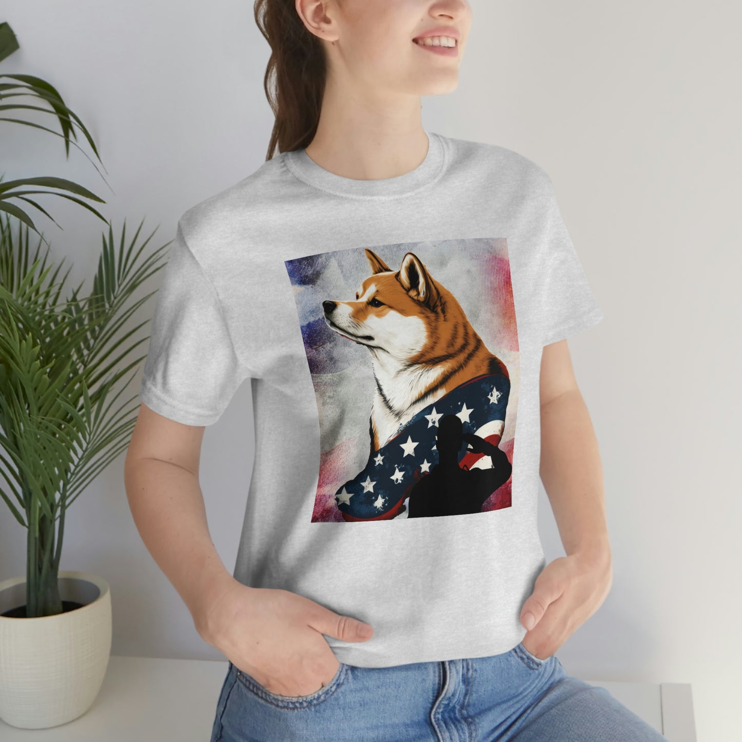 Patriotic Shiba Inu T-Shirt Support Our Troops | American Flag and Soldier Silhouette | Shiba Inu Tee with High-Quality Print