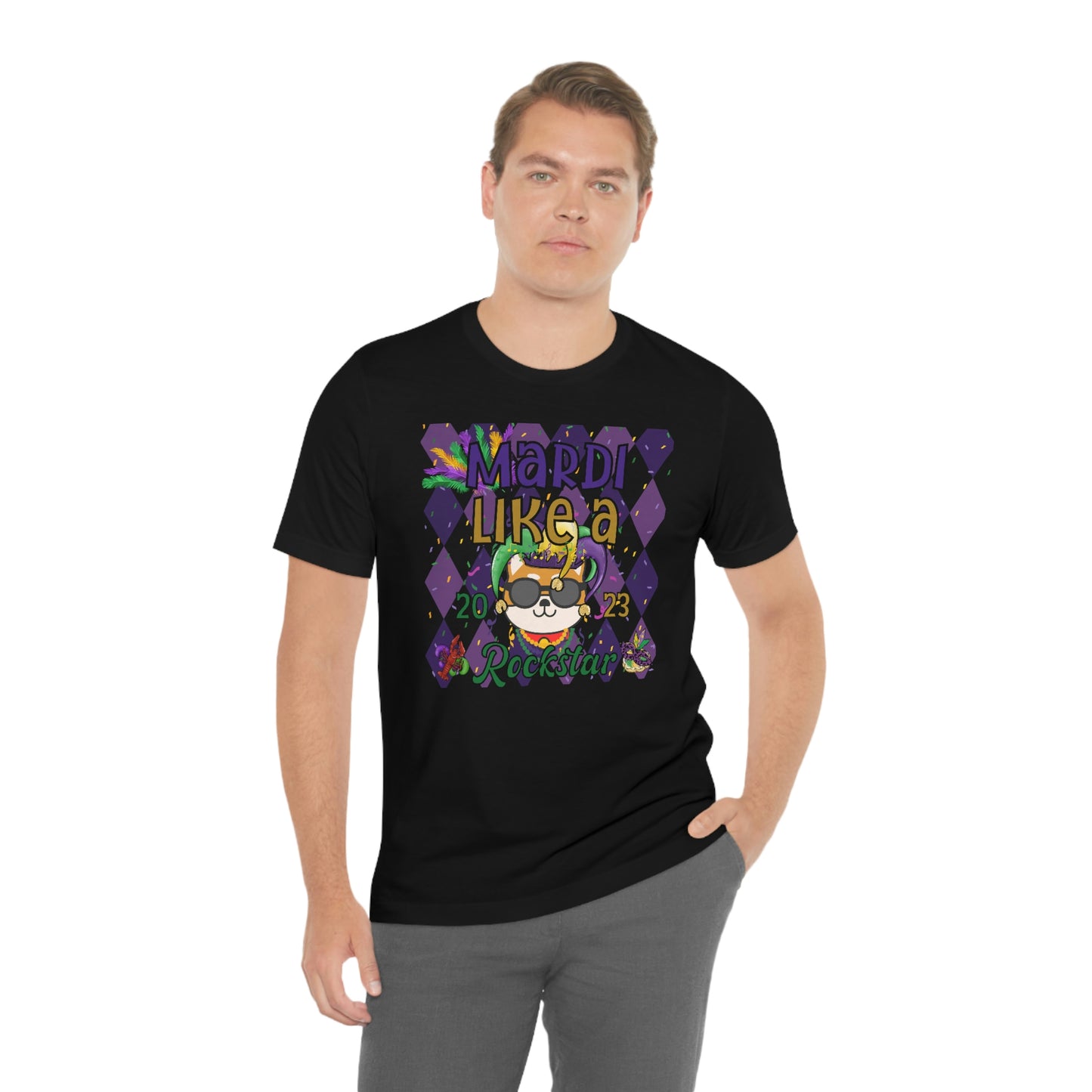 Mardi Gras Shiba Inu T-Shirt - Mardi Like a Rockstar - Dog Lover Gift - Comfortable Cotton Tee