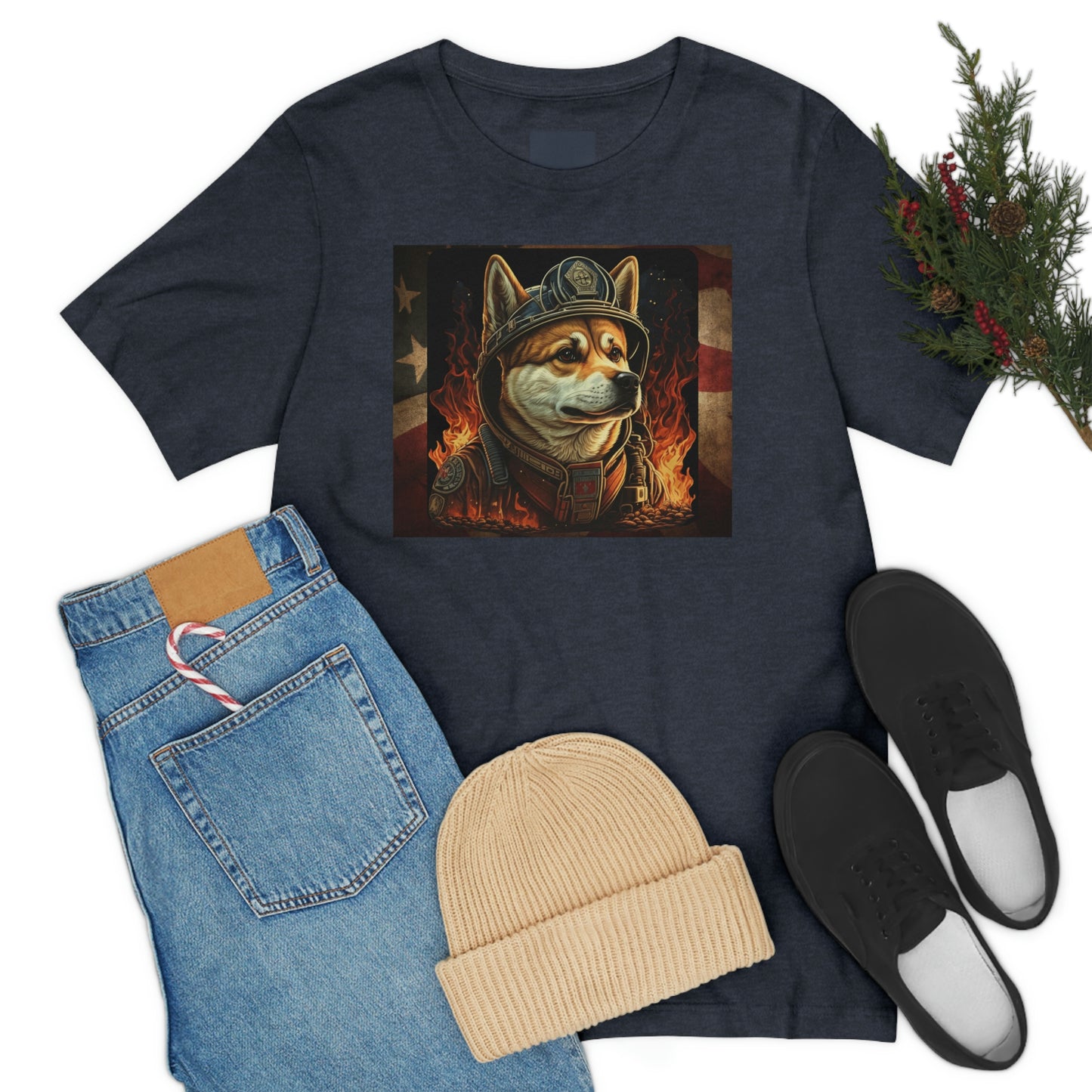 Firefighter Shiba Inu T-Shirt | Support First Responders | American Flag | Shiba Inu Tee | High-Quality Print | Gift for Him | Gift for Her