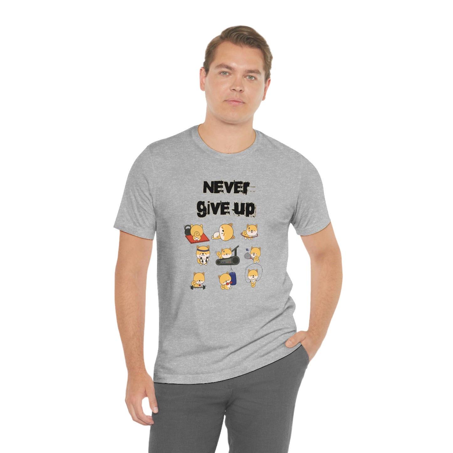 Never Give Up" Workout Shiba Inus T-Shirt - Soft & Durable Jersey Tee