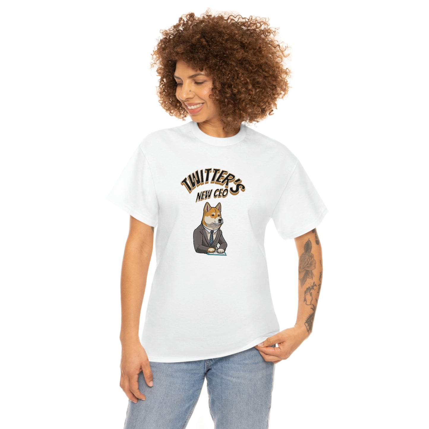 Unleash Your Humor and Style with Our 'Twitters New CEO' Shiba Inu Executive T-Shirt Design! - Black and White Ink