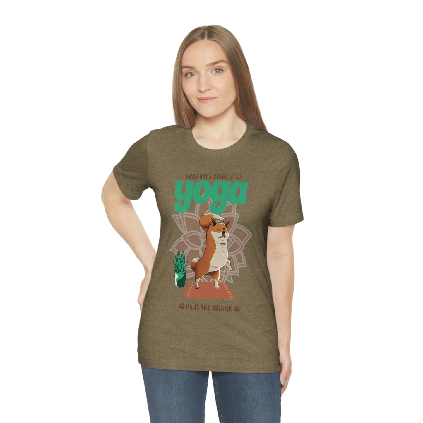 Good Days Start with Yoga, Paws, and Breath Shiba Inu T-Shirt - Soft 100% Retail Fit - Great for Dog Lovers and Yogis