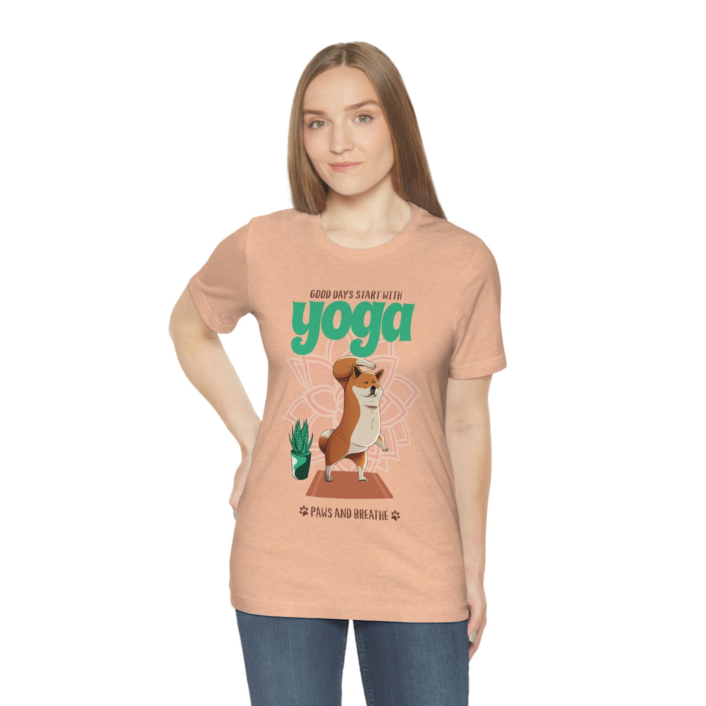 Good Days Start with Yoga, Paws, and Breath Shiba Inu T-Shirt - Soft 100% Retail Fit - Great for Dog Lovers and Yogis