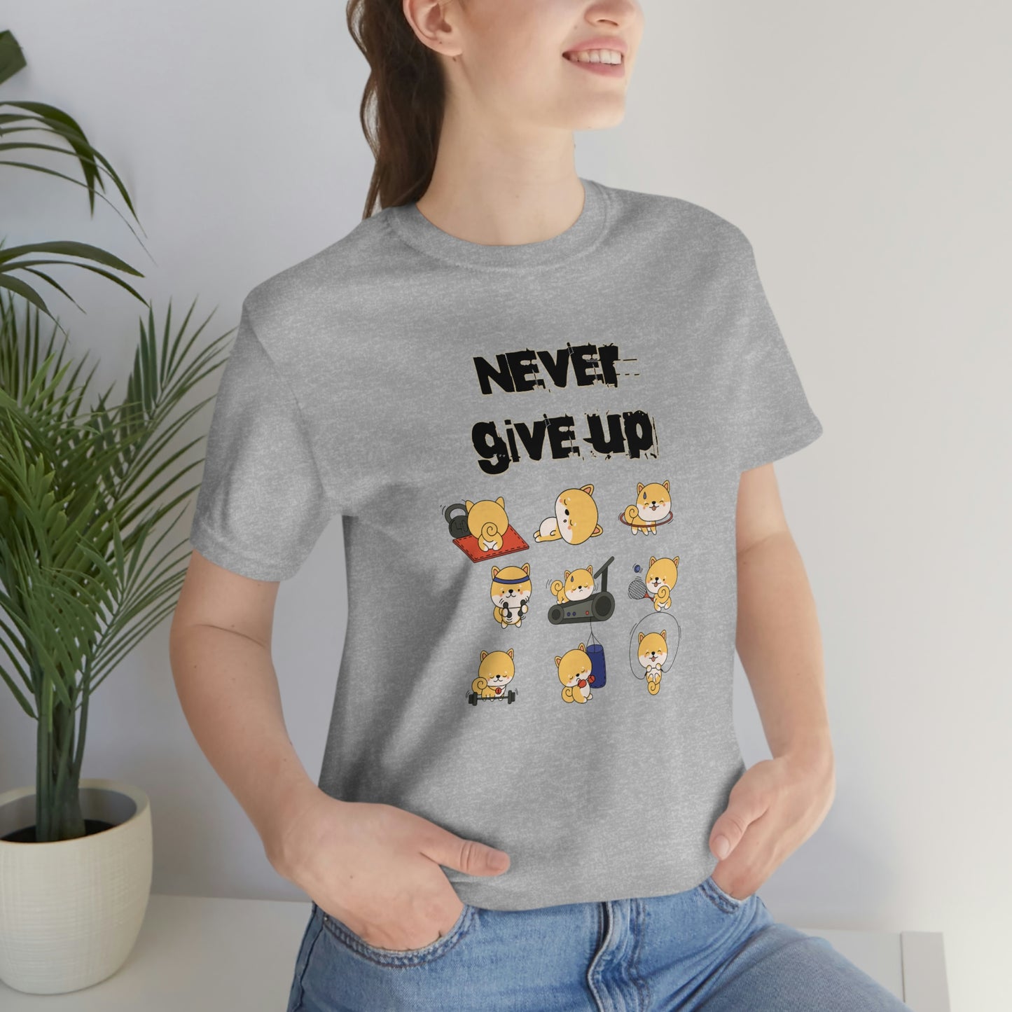 Never Give Up" Workout Shiba Inus T-Shirt - Soft & Durable Jersey Tee