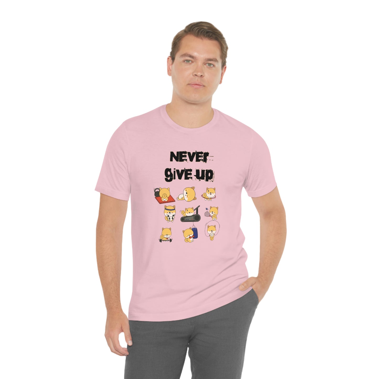 Never Give Up" Workout Shiba Inus T-Shirt - Soft & Durable Jersey Tee