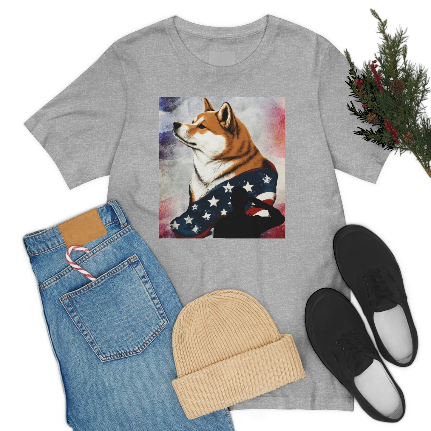 Patriotic Shiba Inu T-Shirt Support Our Troops | American Flag and Soldier Silhouette | Shiba Inu Tee with High-Quality Print