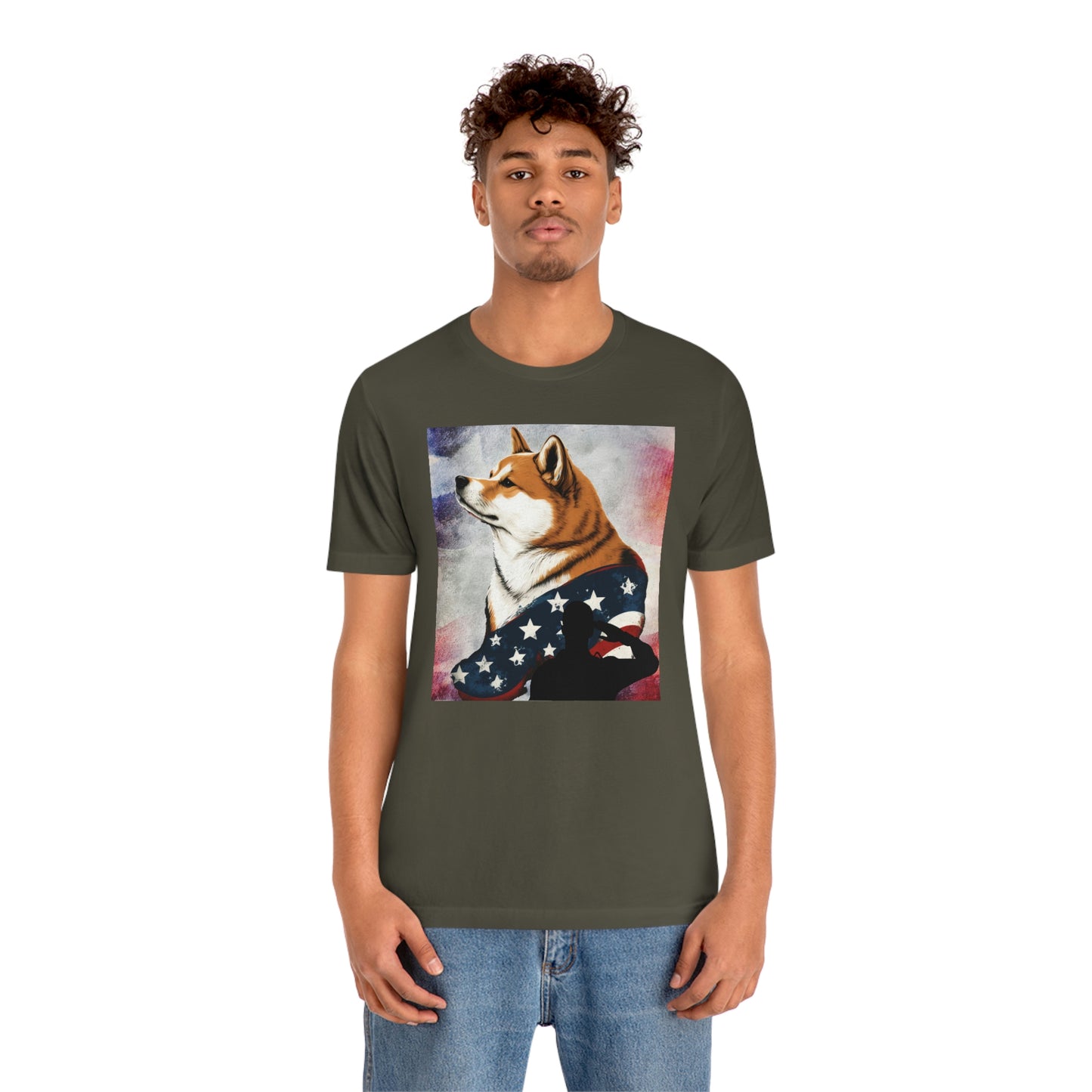 Patriotic Shiba Inu T-Shirt Support Our Troops | American Flag and Soldier Silhouette | Shiba Inu Tee with High-Quality Print