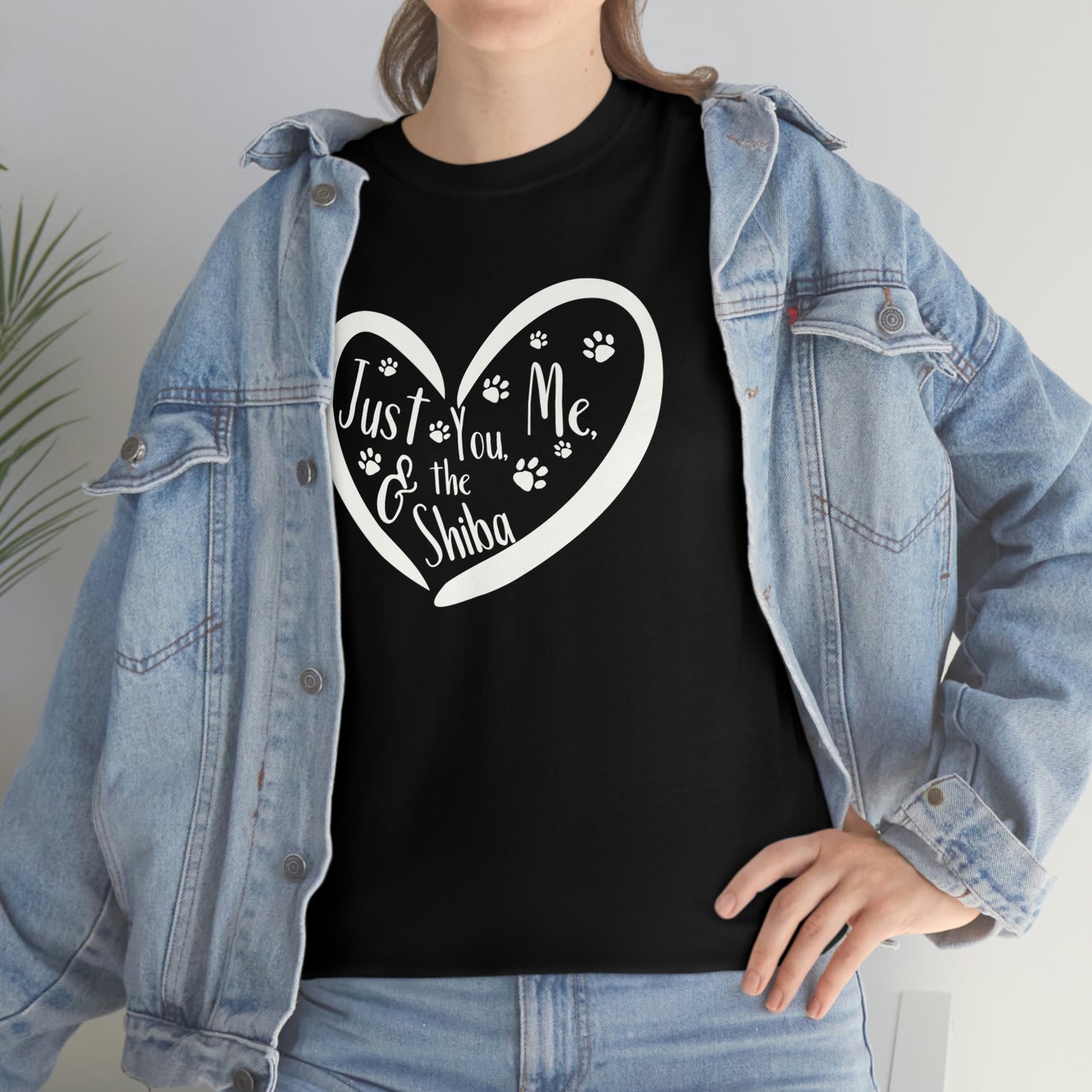 Just You, Me and the Shiba T-Shirt - White Ink - Gift for Valentine's Day or for any Shiba Inu Parent - Show Love for Your Partner and Pup