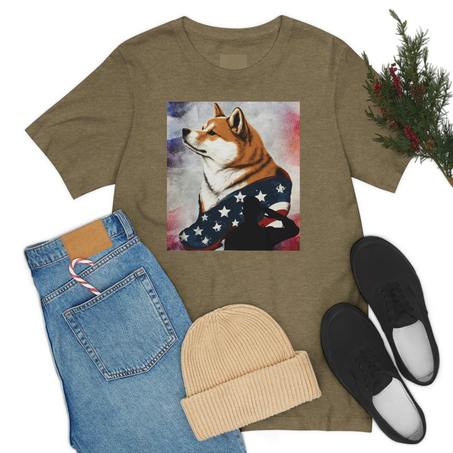 Patriotic Shiba Inu T-Shirt Support Our Troops | American Flag and Soldier Silhouette | Shiba Inu Tee with High-Quality Print