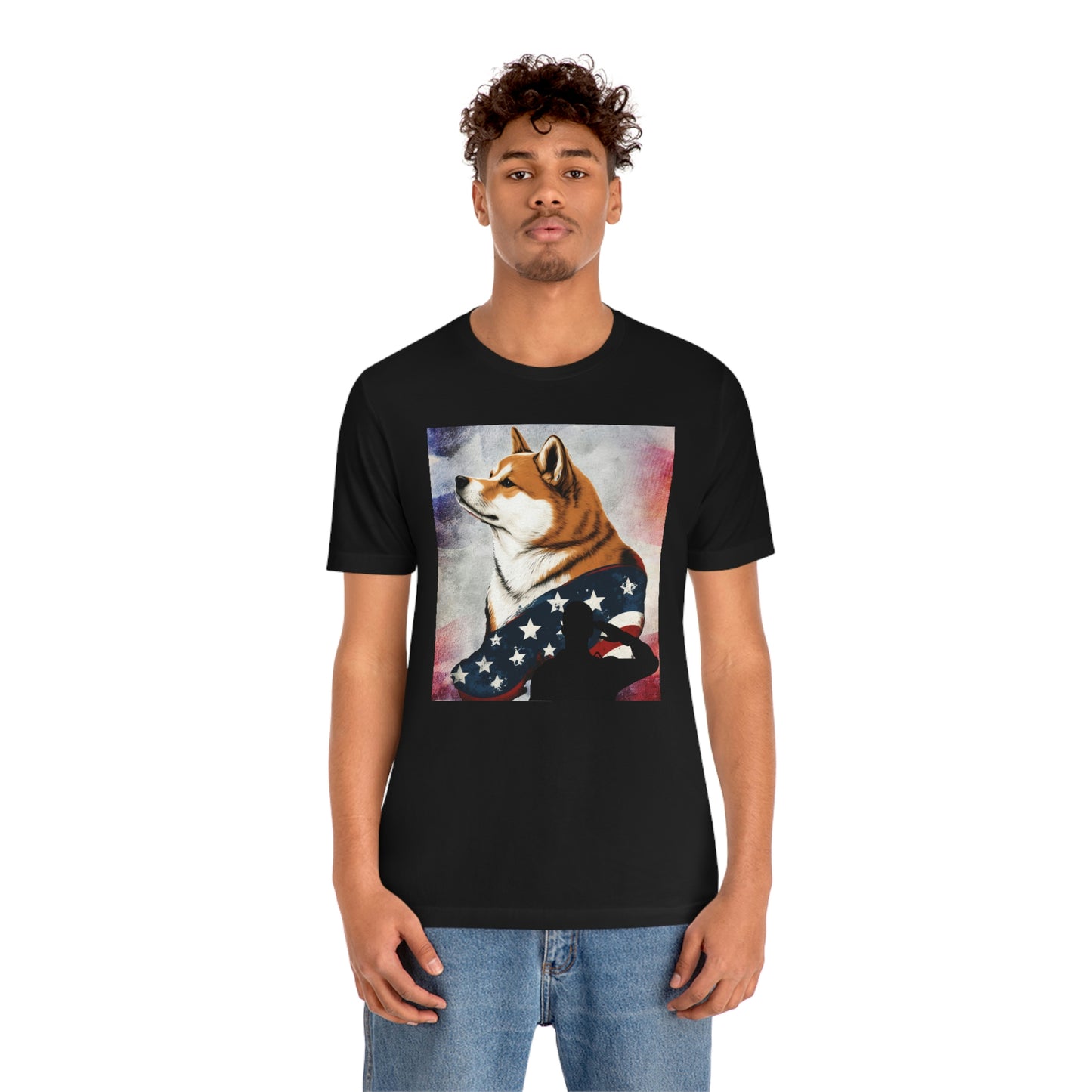 Patriotic Shiba Inu T-Shirt Support Our Troops | American Flag and Soldier Silhouette | Shiba Inu Tee with High-Quality Print