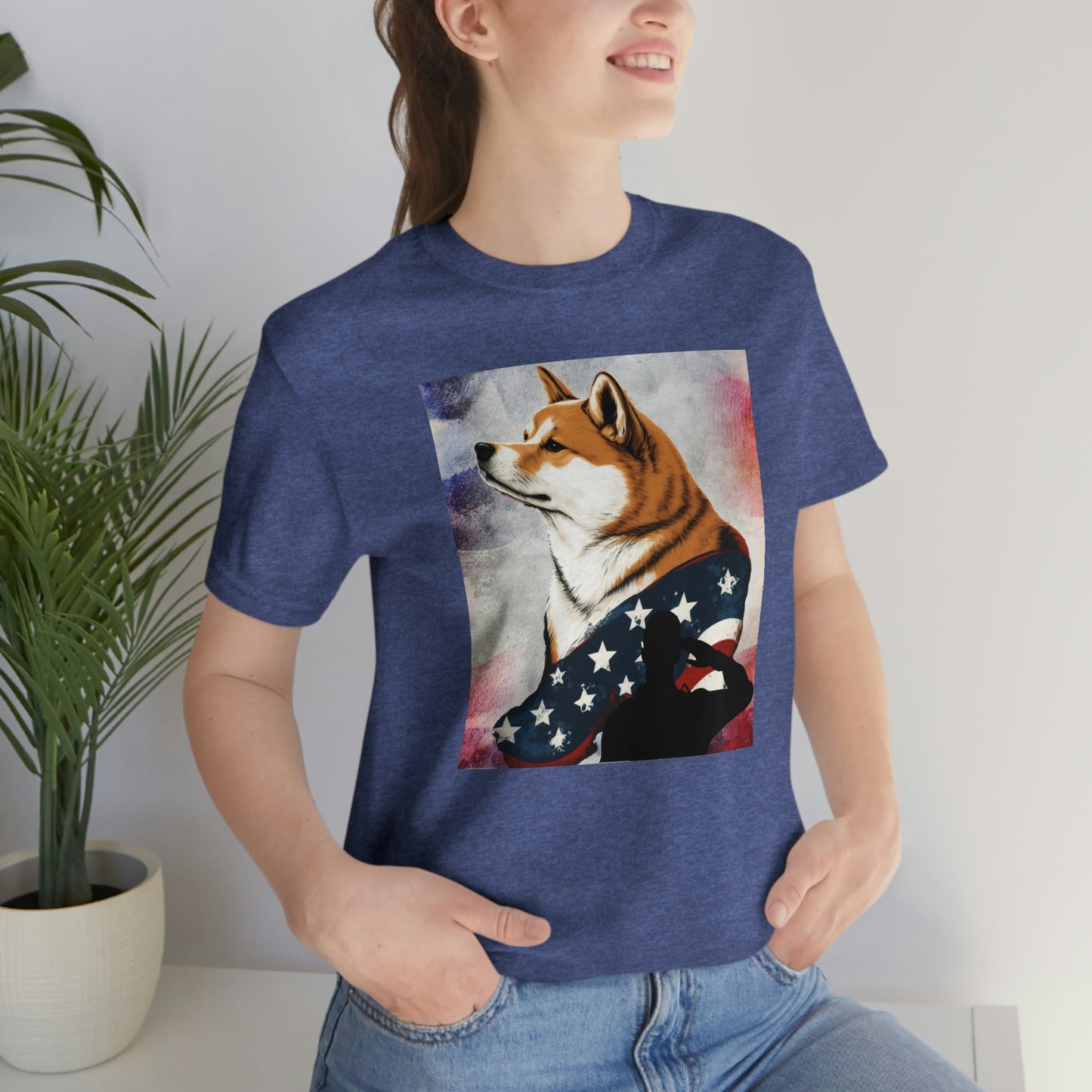 Patriotic Shiba Inu T-Shirt Support Our Troops | American Flag and Soldier Silhouette | Shiba Inu Tee with High-Quality Print