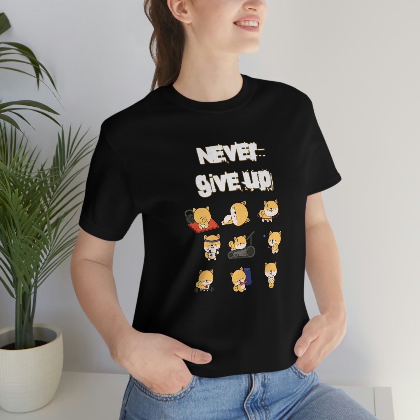 Never Give Up" Workout Shiba Inus T-Shirt - Soft & Durable Jersey Tee