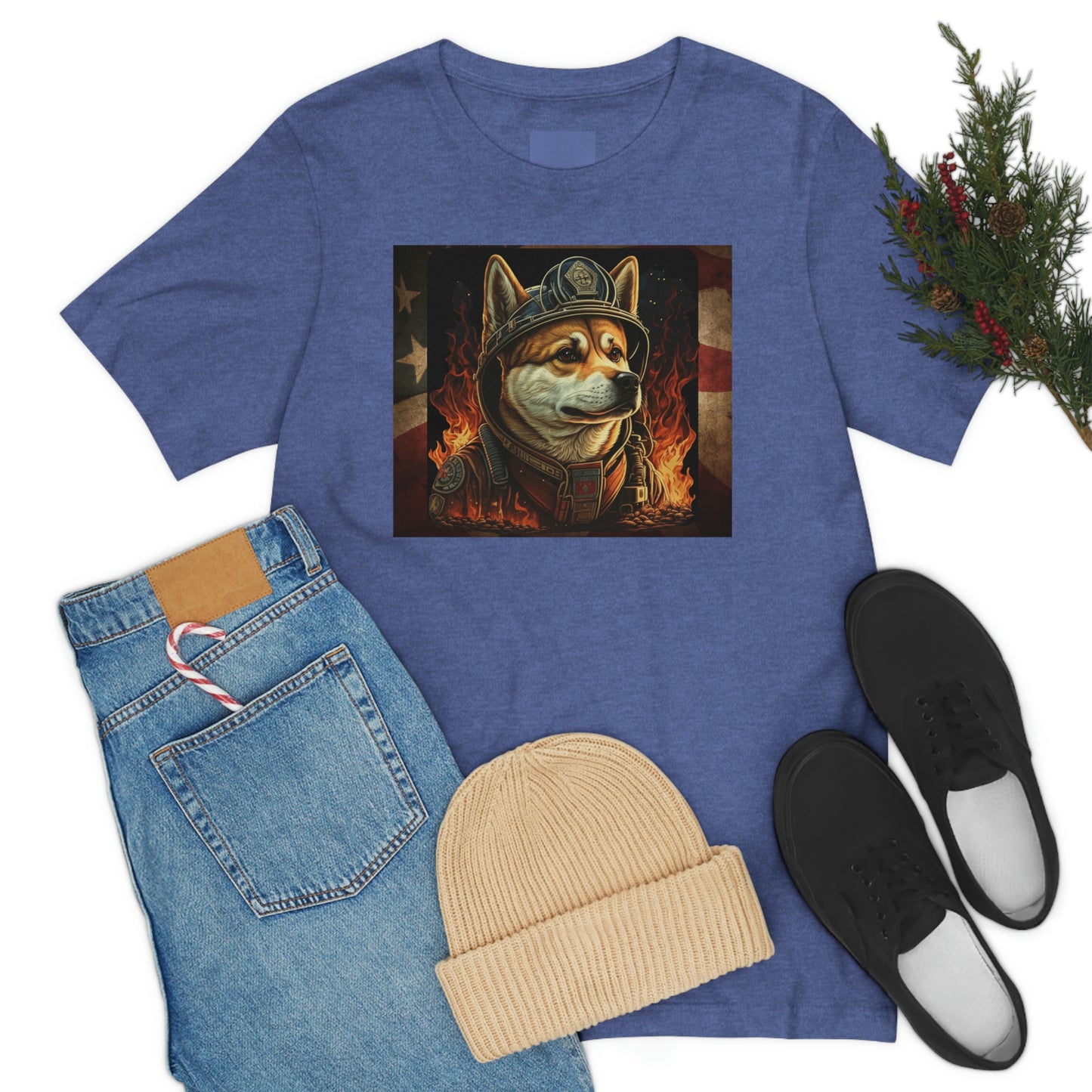 Firefighter Shiba Inu T-Shirt | Support First Responders | American Flag | Shiba Inu Tee | High-Quality Print | Gift for Him | Gift for Her