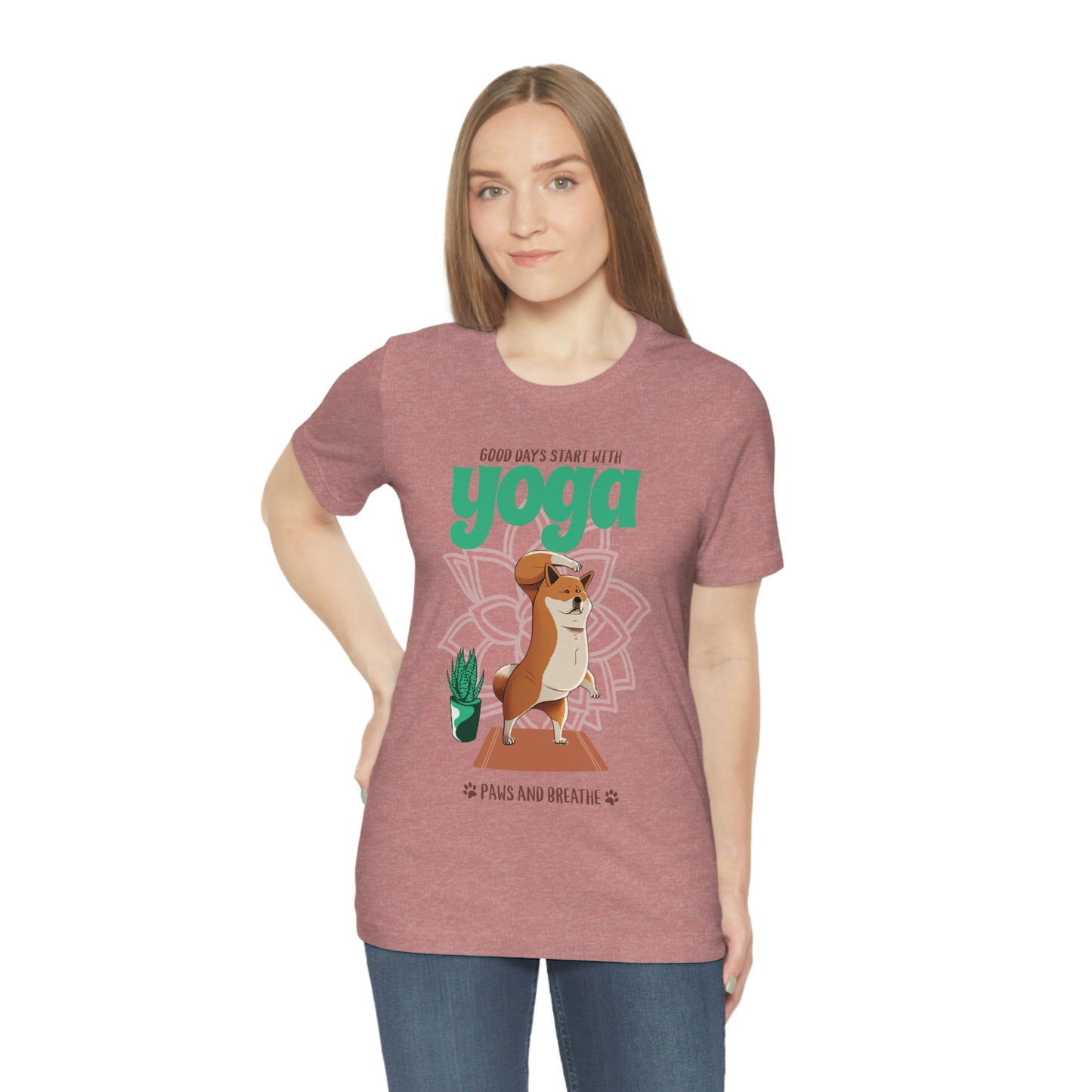 Good Days Start with Yoga, Paws, and Breath Shiba Inu T-Shirt - Soft 100% Retail Fit - Great for Dog Lovers and Yogis