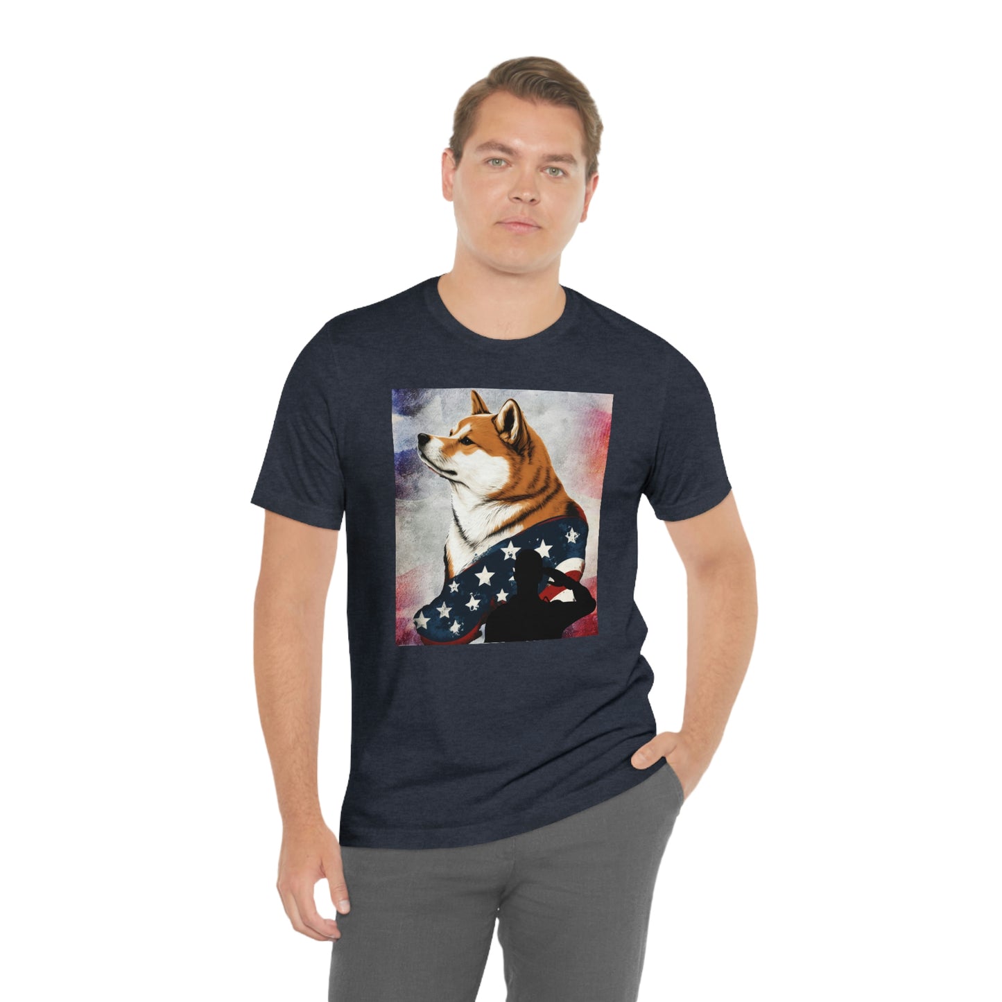 Patriotic Shiba Inu T-Shirt Support Our Troops | American Flag and Soldier Silhouette | Shiba Inu Tee with High-Quality Print