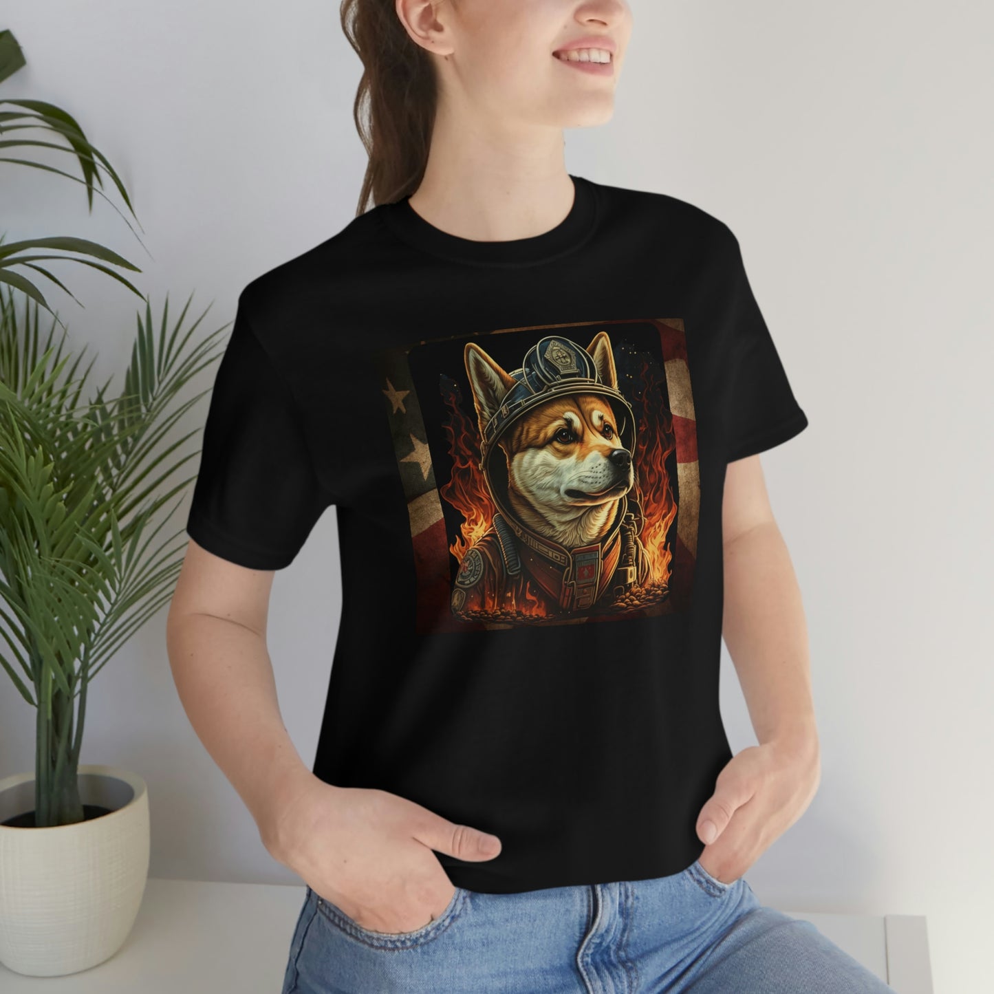 Firefighter Shiba Inu T-Shirt | Support First Responders | American Flag | Shiba Inu Tee | High-Quality Print | Gift for Him | Gift for Her