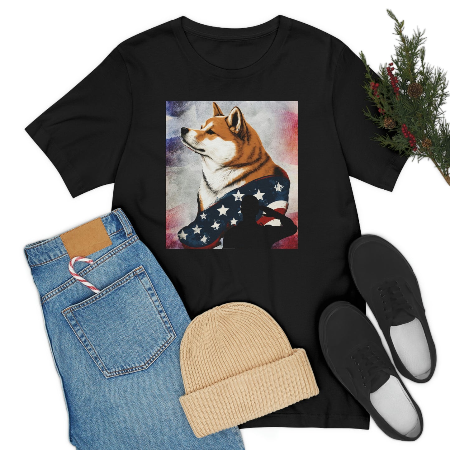 Patriotic Shiba Inu T-Shirt Support Our Troops | American Flag and Soldier Silhouette | Shiba Inu Tee with High-Quality Print