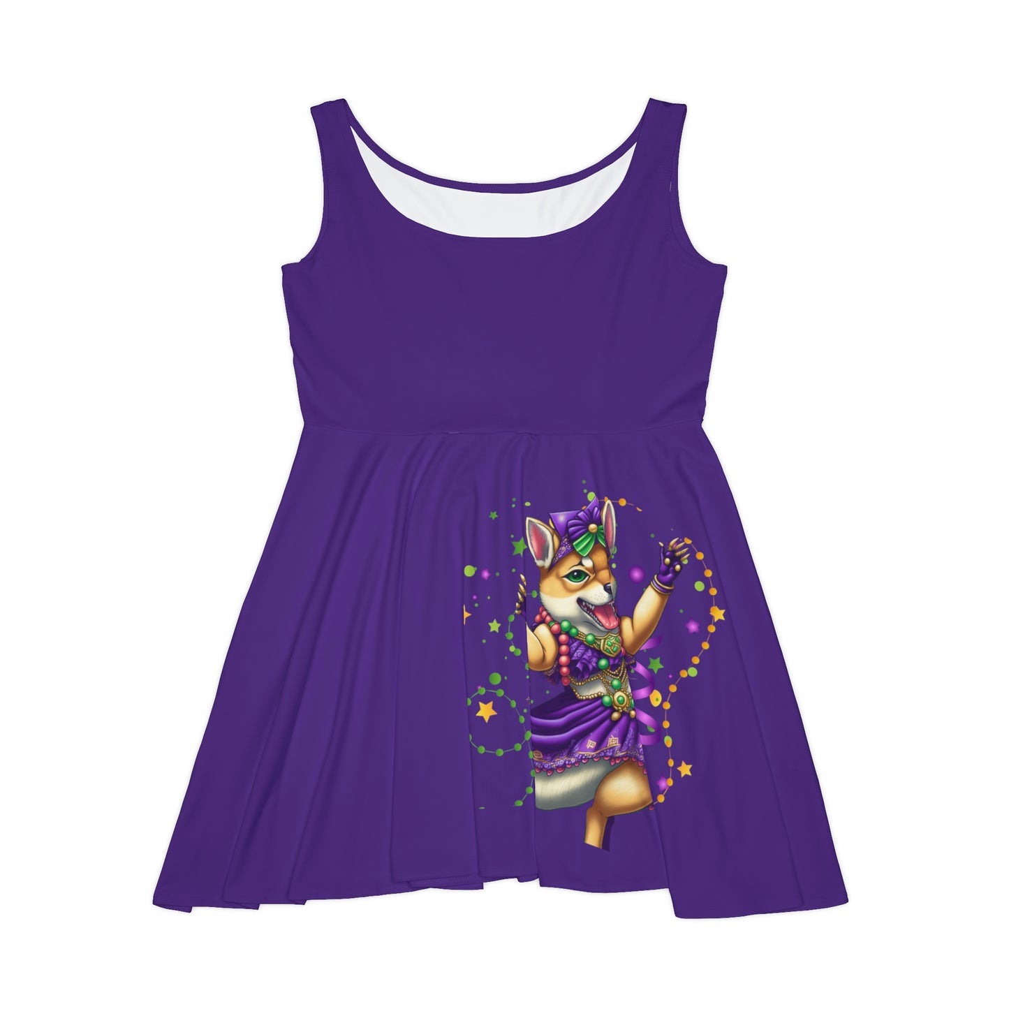 Mardi Gras Shiba Inu Skater Dress, Cute Shiba Dance Party, All-Over Print Women's Clothing, Mardi Gras Themed Artwork