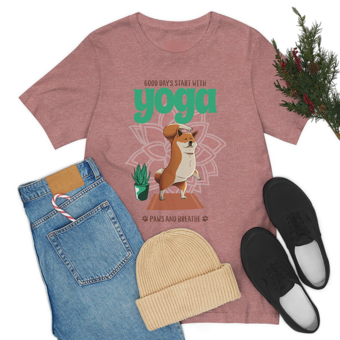 Good Days Start with Yoga, Paws, and Breath Shiba Inu T-Shirt - Soft 100% Retail Fit - Great for Dog Lovers and Yogis