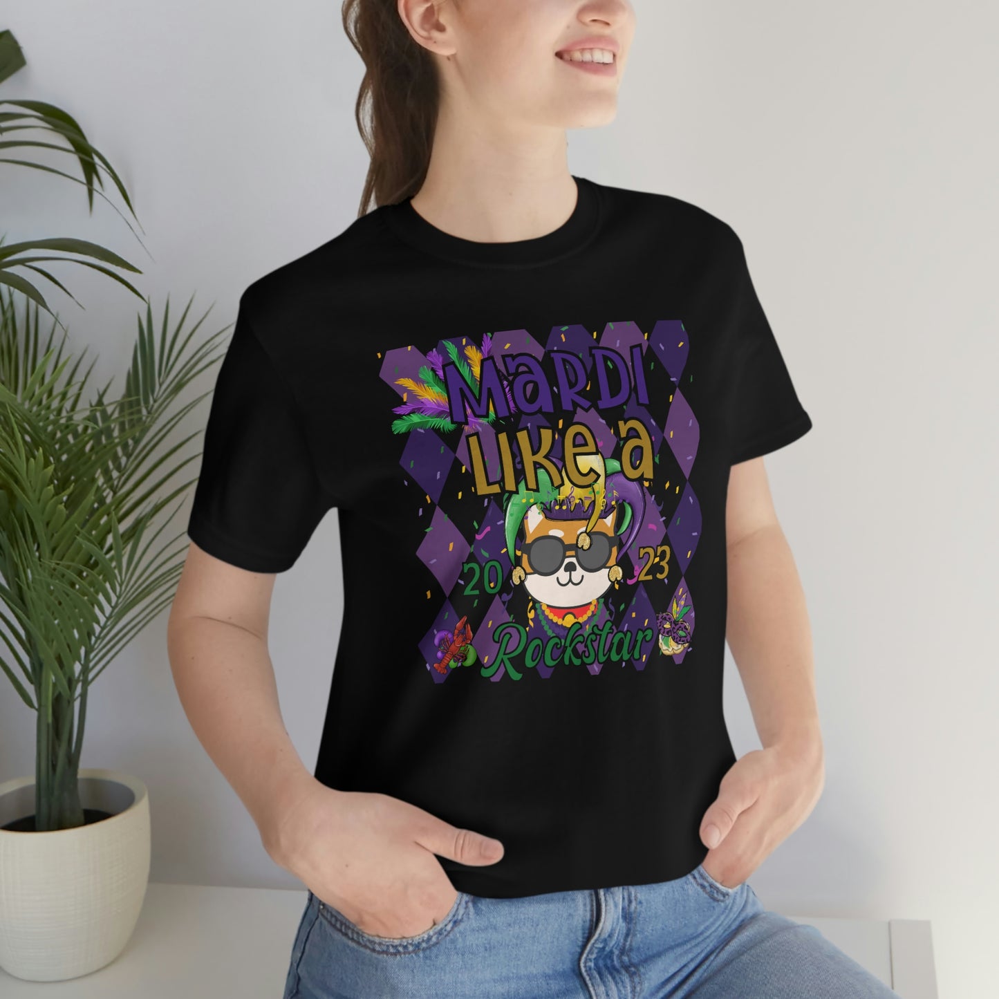 Mardi Gras Shiba Inu T-Shirt - Mardi Like a Rockstar - Dog Lover Gift - Comfortable Cotton Tee