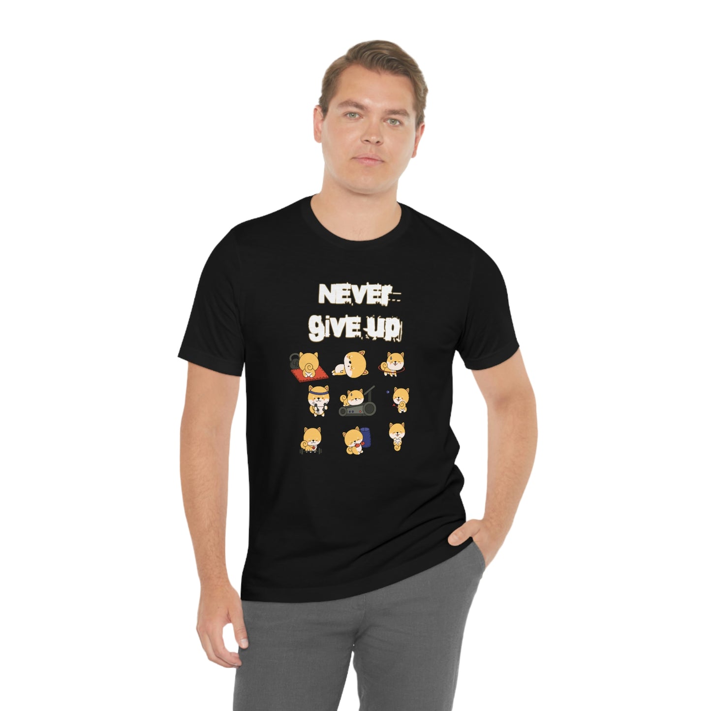 Never Give Up" Workout Shiba Inus T-Shirt - Soft & Durable Jersey Tee