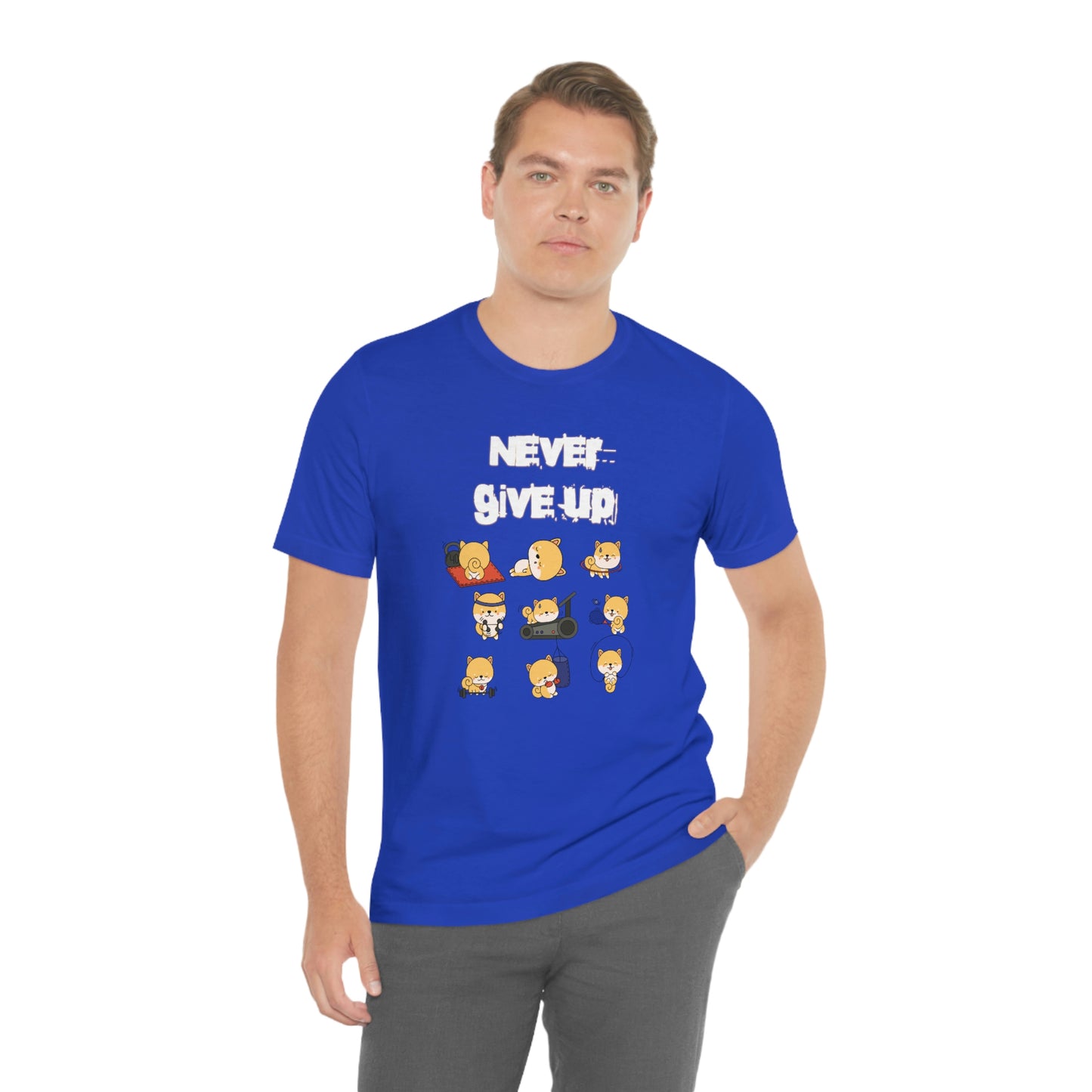 Never Give Up" Workout Shiba Inus T-Shirt - Soft & Durable Jersey Tee