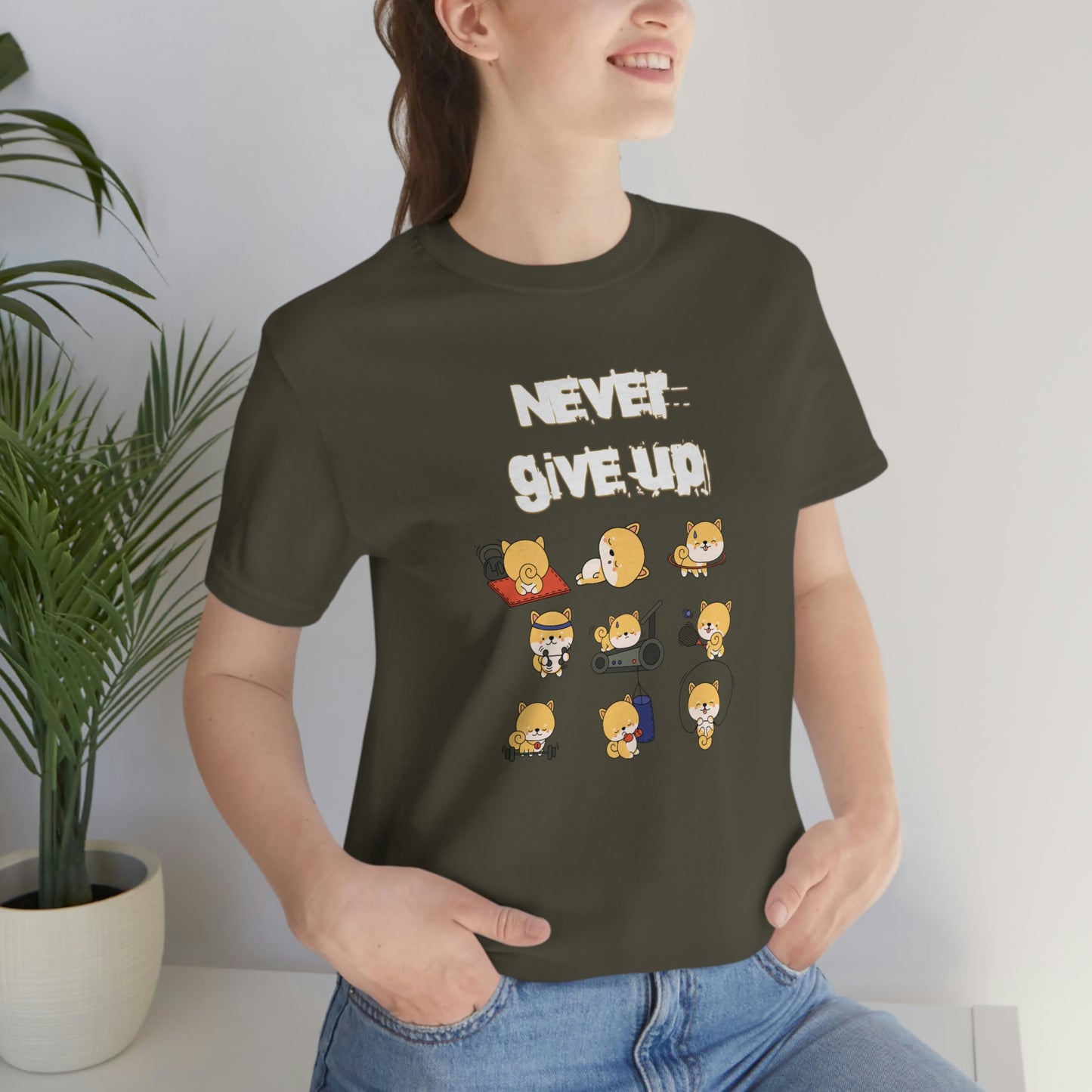 Never Give Up" Workout Shiba Inus T-Shirt - Soft & Durable Jersey Tee