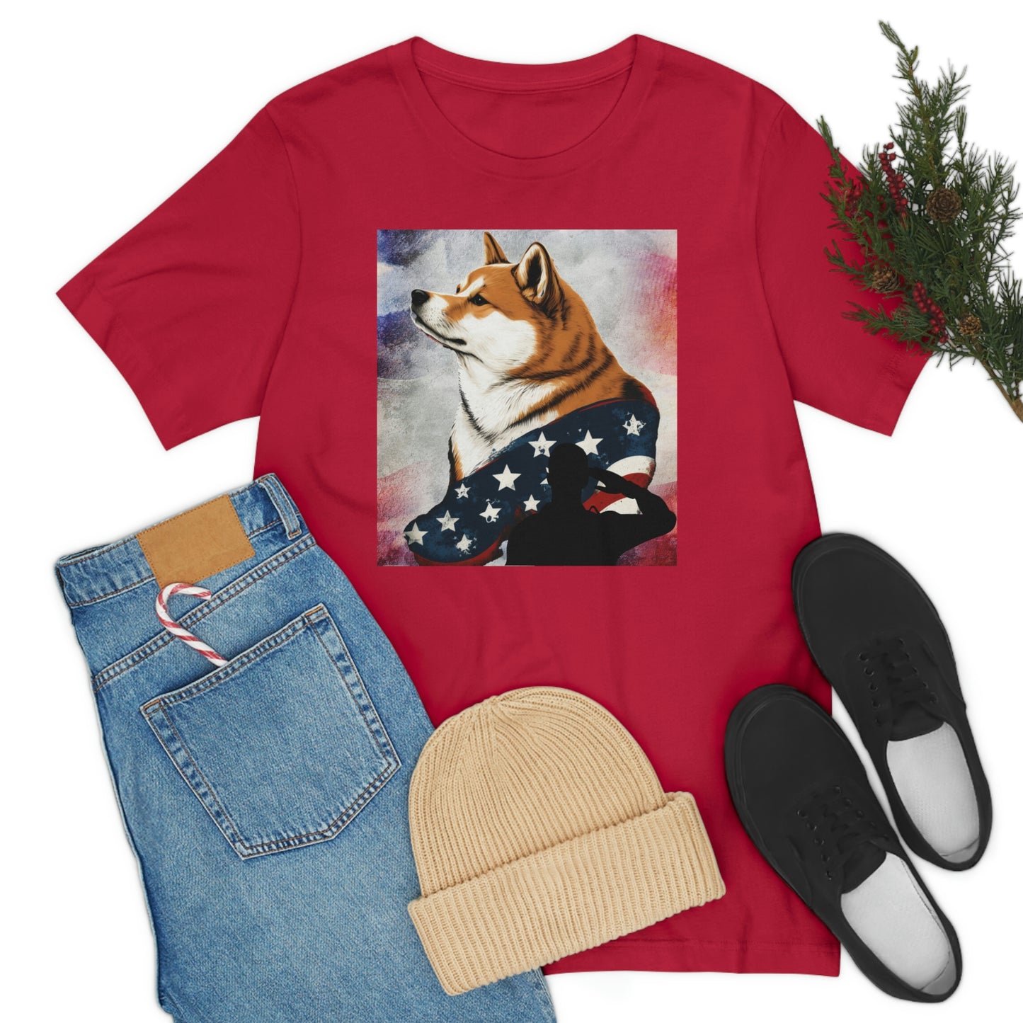 Patriotic Shiba Inu T-Shirt Support Our Troops | American Flag and Soldier Silhouette | Shiba Inu Tee with High-Quality Print