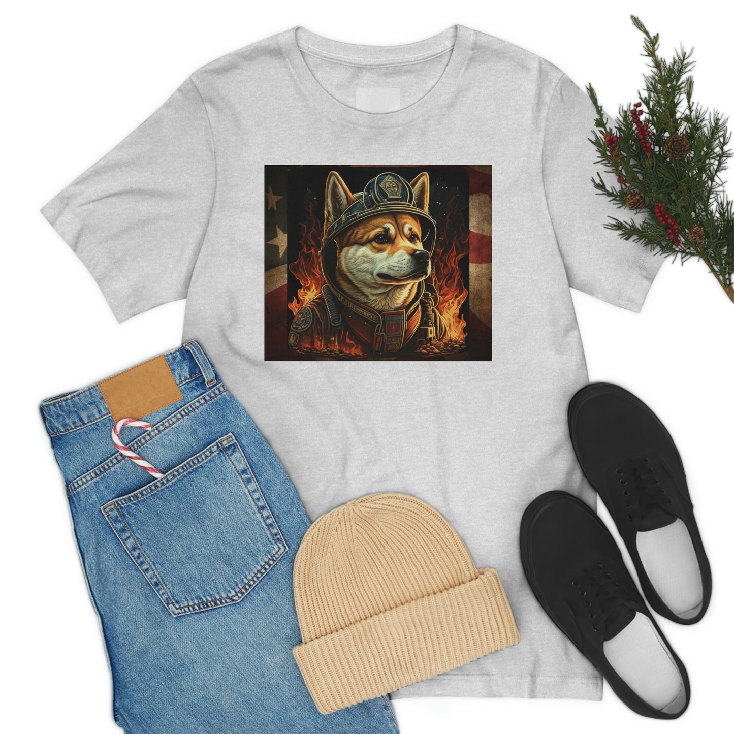 Firefighter Shiba Inu T-Shirt | Support First Responders | American Flag | Shiba Inu Tee | High-Quality Print | Gift for Him | Gift for Her