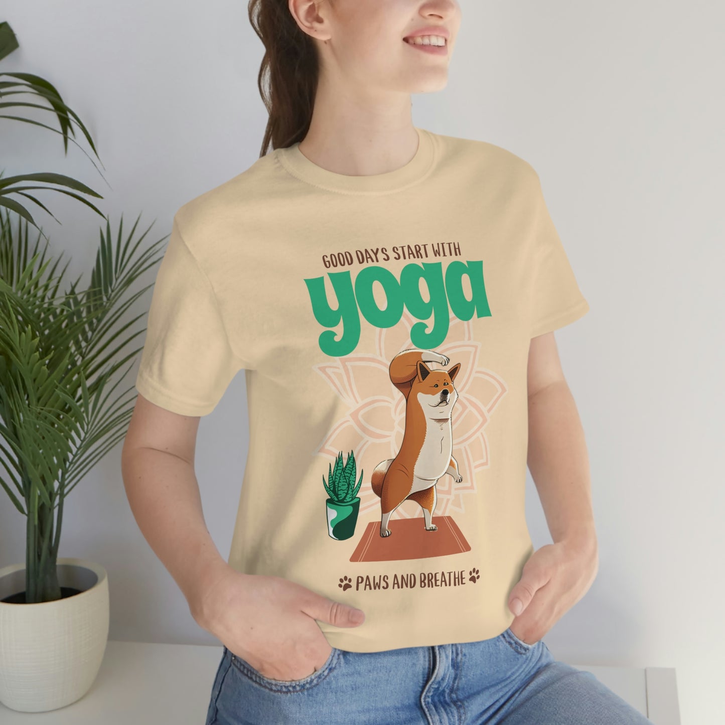 Good Days Start with Yoga, Paws, and Breath Shiba Inu T-Shirt - Soft 100% Retail Fit - Great for Dog Lovers and Yogis