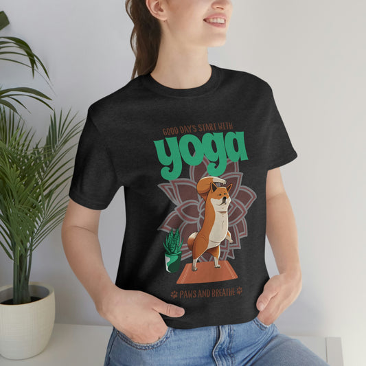 Good Days Start with Yoga, Paws, and Breath Shiba Inu T-Shirt - Soft 100% Retail Fit - Great for Dog Lovers and Yogis