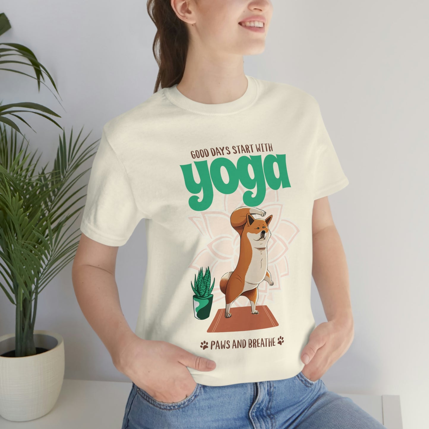 Good Days Start with Yoga, Paws, and Breath Shiba Inu T-Shirt - Soft 100% Retail Fit - Great for Dog Lovers and Yogis