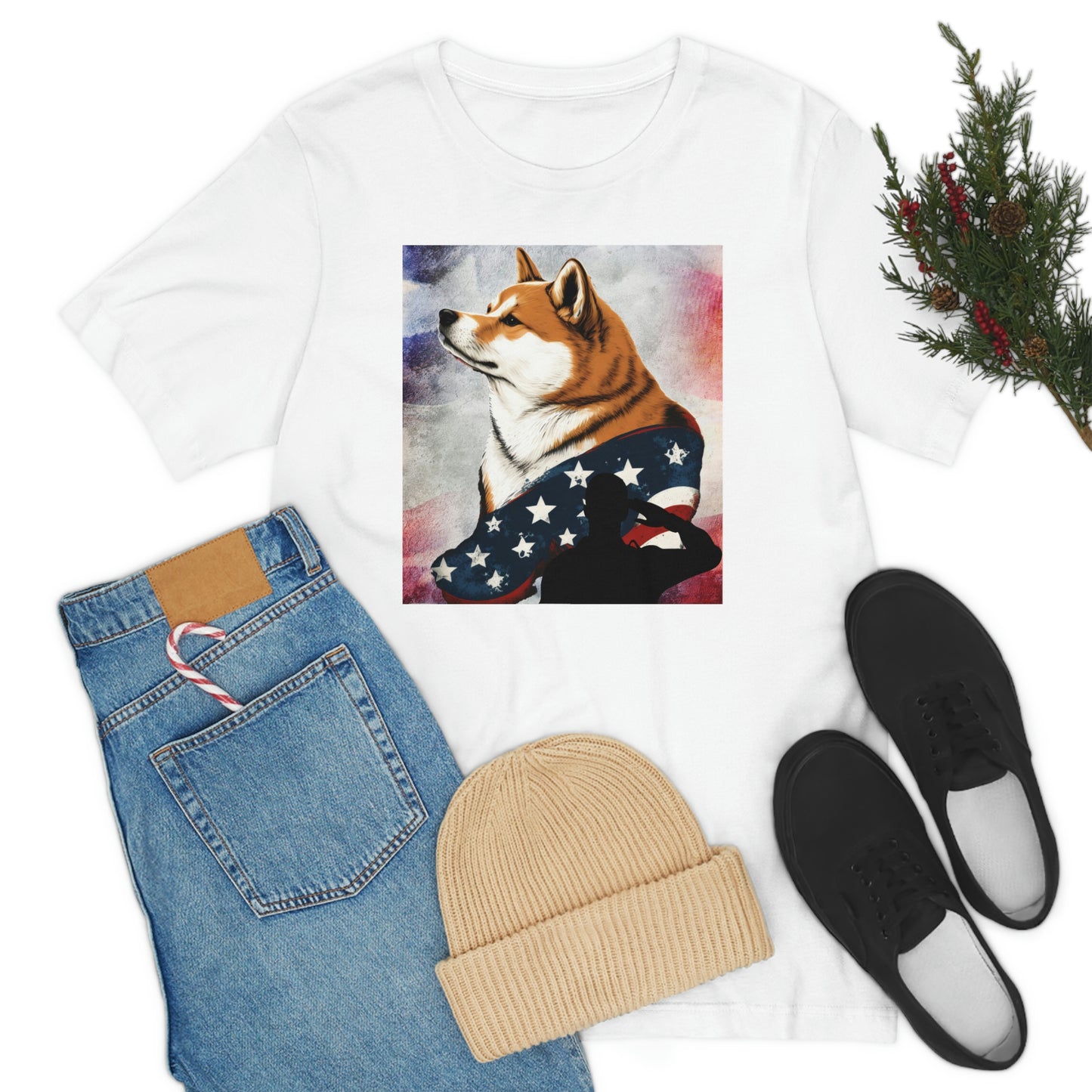 Patriotic Shiba Inu T-Shirt Support Our Troops | American Flag and Soldier Silhouette | Shiba Inu Tee with High-Quality Print