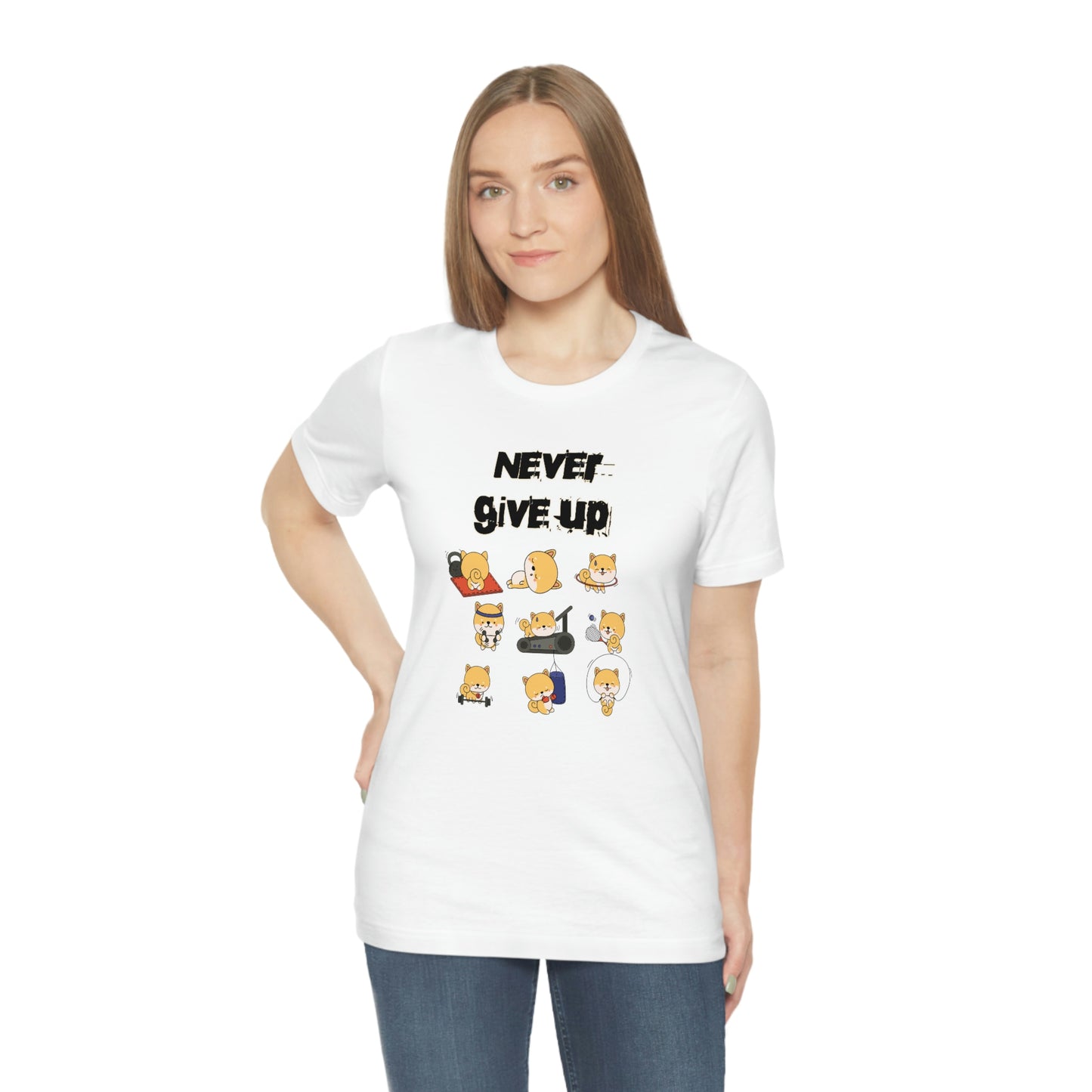 Never Give Up" Workout Shiba Inus T-Shirt - Soft & Durable Jersey Tee