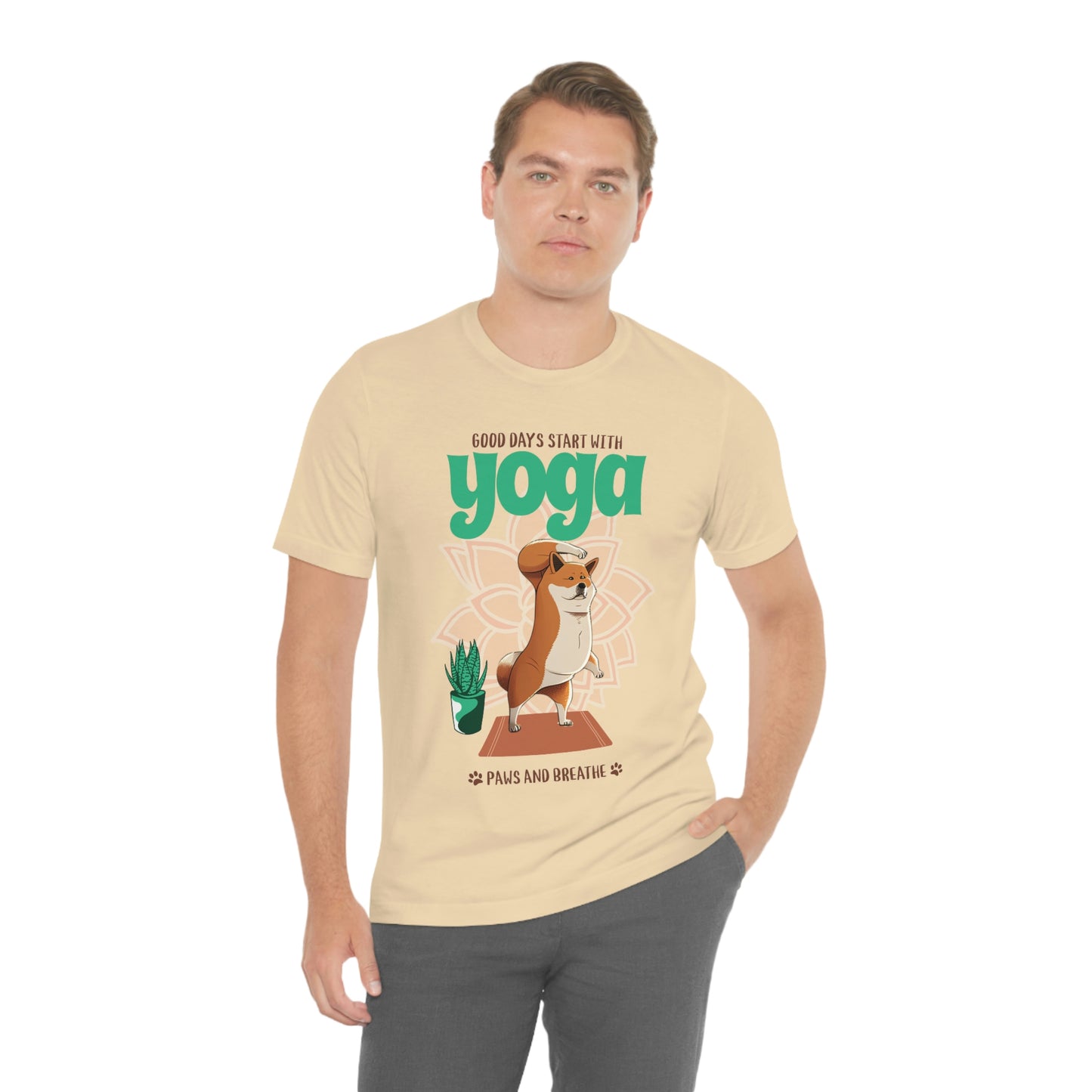 Good Days Start with Yoga, Paws, and Breath Shiba Inu T-Shirt - Soft 100% Retail Fit - Great for Dog Lovers and Yogis