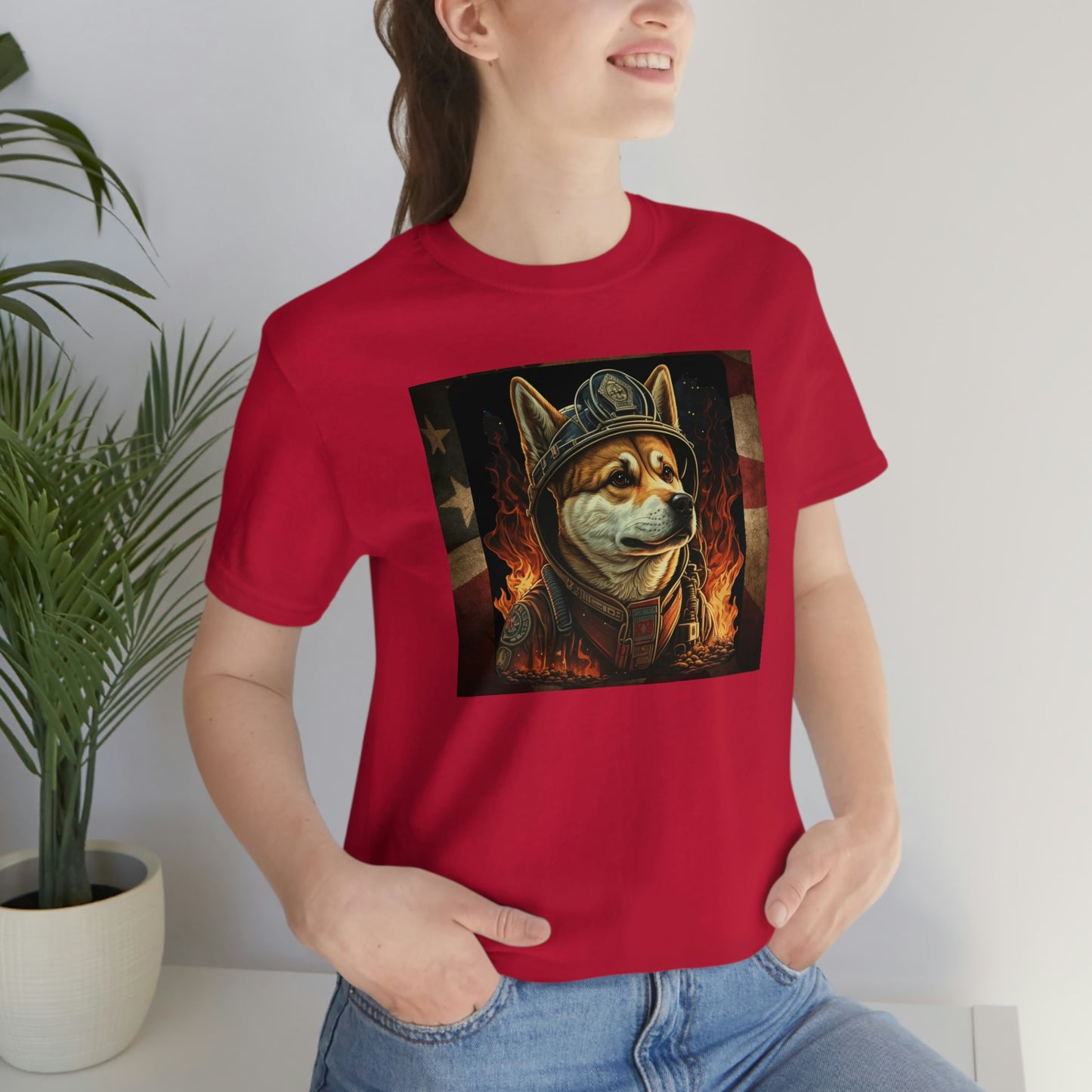 Firefighter Shiba Inu T-Shirt | Support First Responders | American Flag | Shiba Inu Tee | High-Quality Print | Gift for Him | Gift for Her