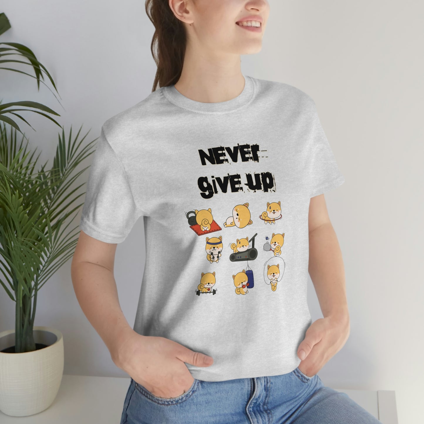 Never Give Up" Workout Shiba Inus T-Shirt - Soft & Durable Jersey Tee