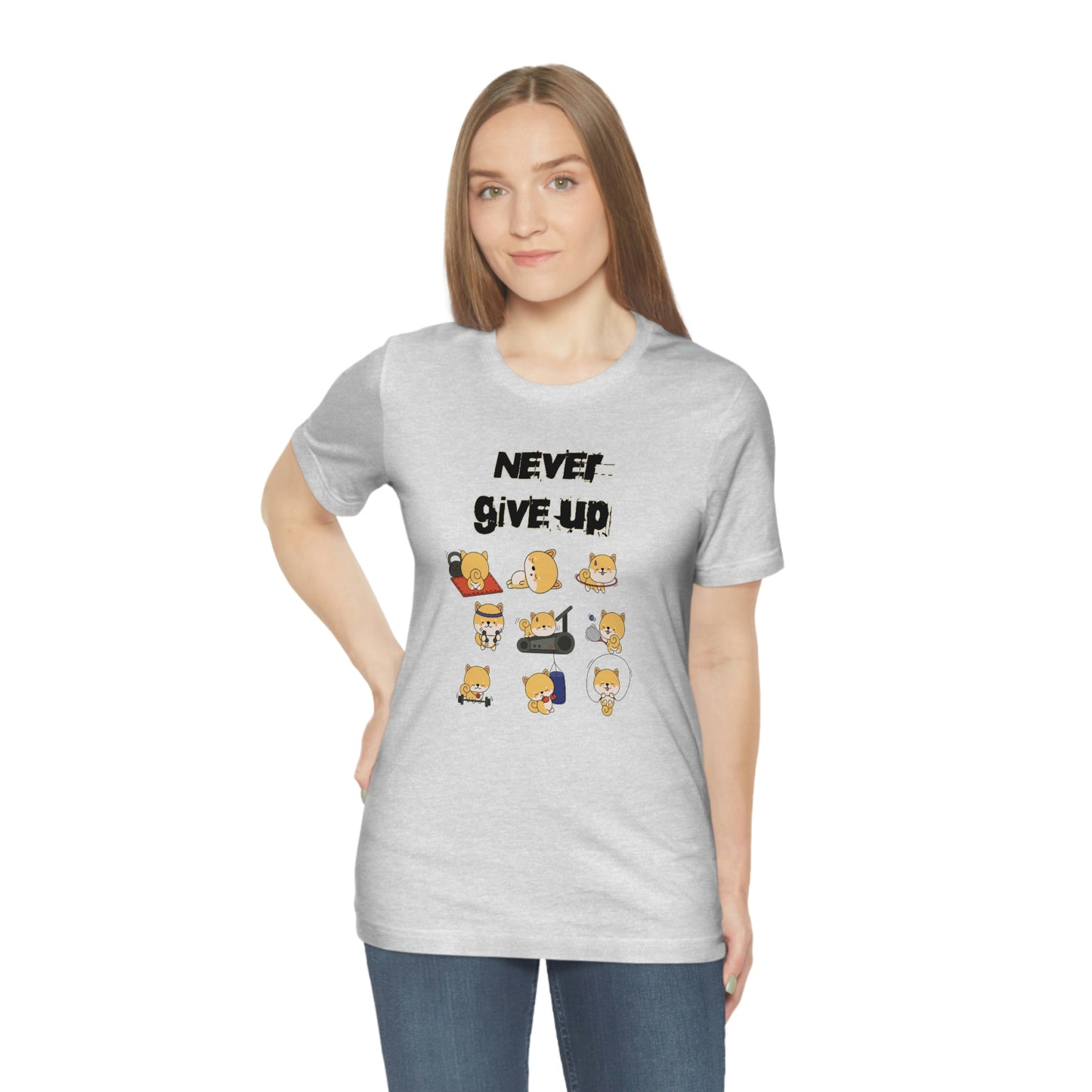 Never Give Up" Workout Shiba Inus T-Shirt - Soft & Durable Jersey Tee