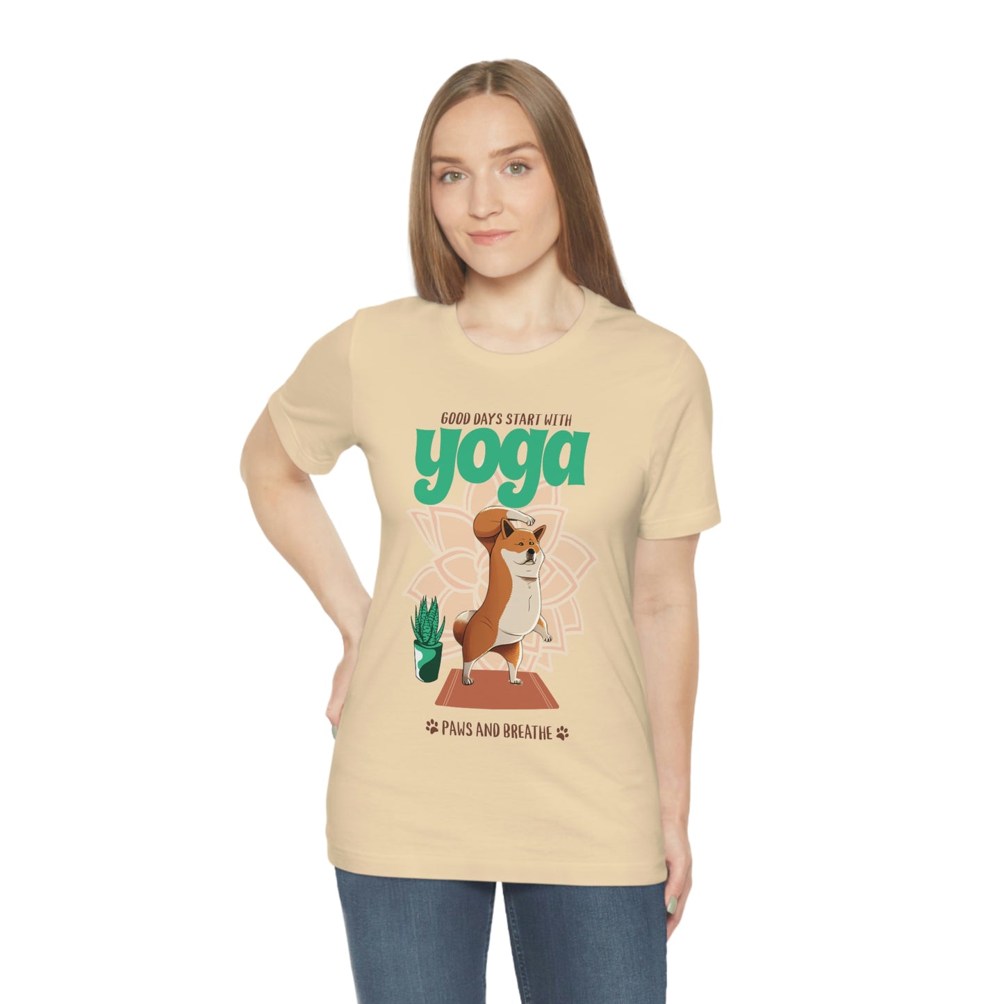 Good Days Start with Yoga, Paws, and Breath Shiba Inu T-Shirt - Soft 100% Retail Fit - Great for Dog Lovers and Yogis