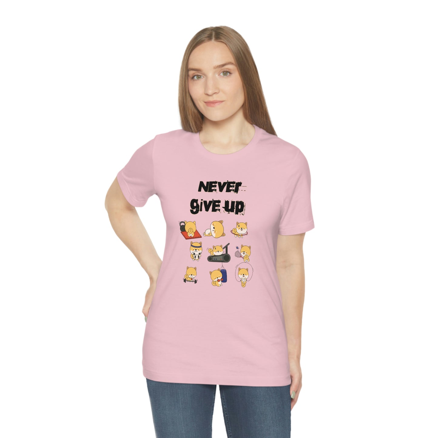 Never Give Up" Workout Shiba Inus T-Shirt - Soft & Durable Jersey Tee