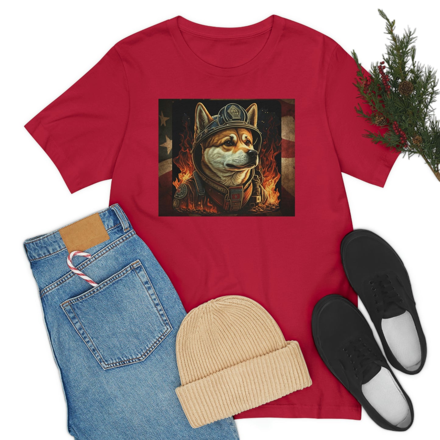 Firefighter Shiba Inu T-Shirt | Support First Responders | American Flag | Shiba Inu Tee | High-Quality Print | Gift for Him | Gift for Her