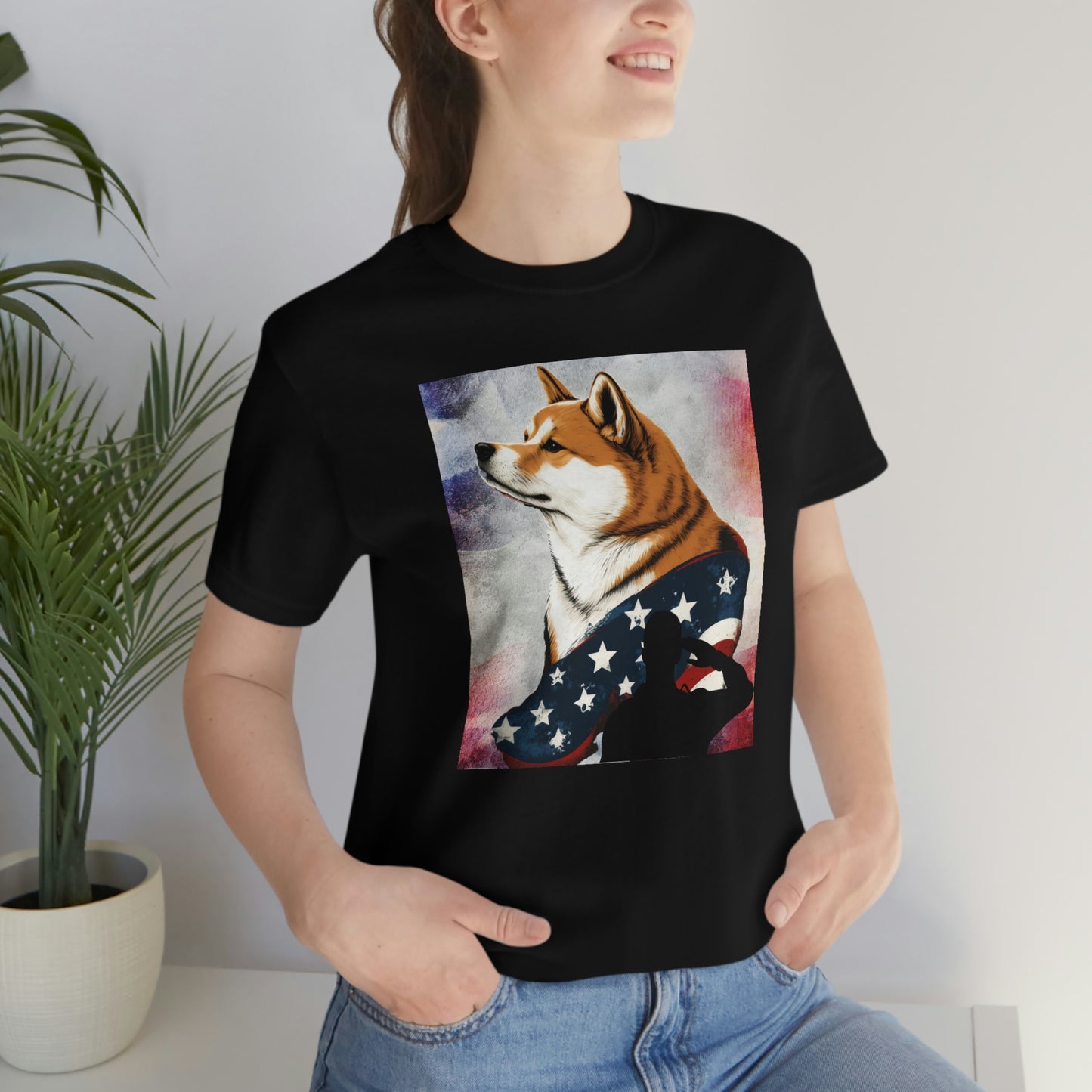 Patriotic Shiba Inu T-Shirt Support Our Troops | American Flag and Soldier Silhouette | Shiba Inu Tee with High-Quality Print