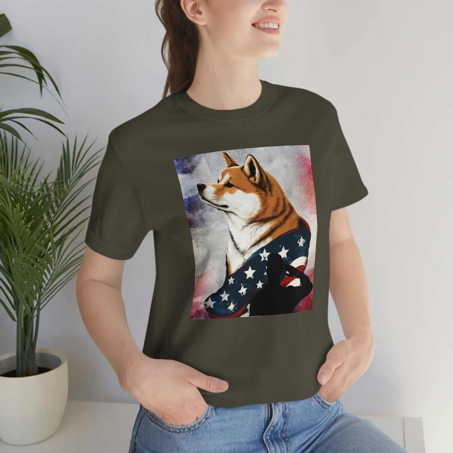 Patriotic Shiba Inu T-Shirt Support Our Troops | American Flag and Soldier Silhouette | Shiba Inu Tee with High-Quality Print