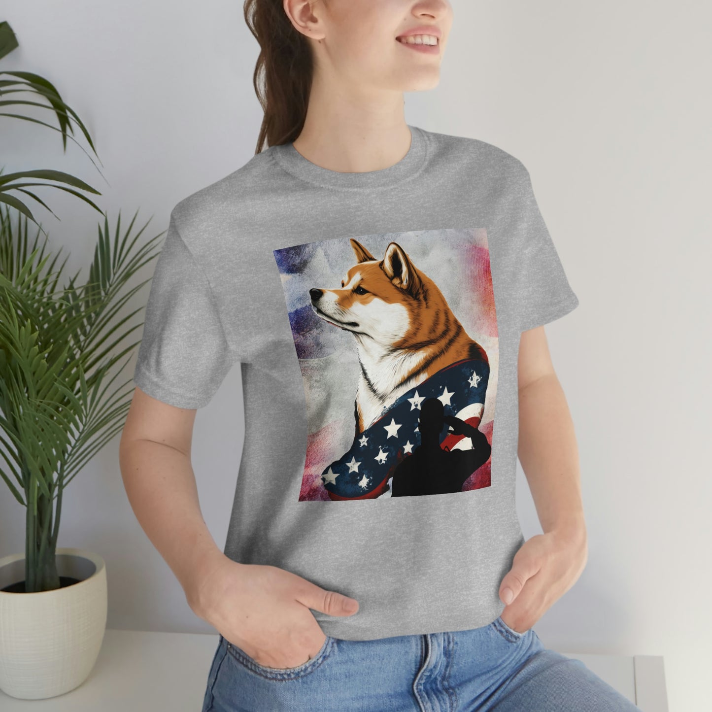 Patriotic Shiba Inu T-Shirt Support Our Troops | American Flag and Soldier Silhouette | Shiba Inu Tee with High-Quality Print