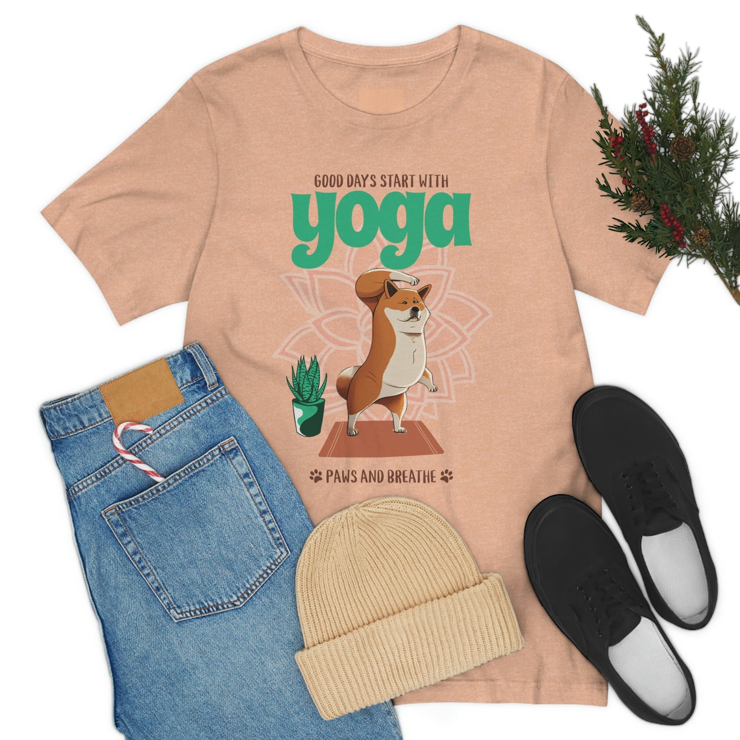 Good Days Start with Yoga, Paws, and Breath Shiba Inu T-Shirt - Soft 100% Retail Fit - Great for Dog Lovers and Yogis