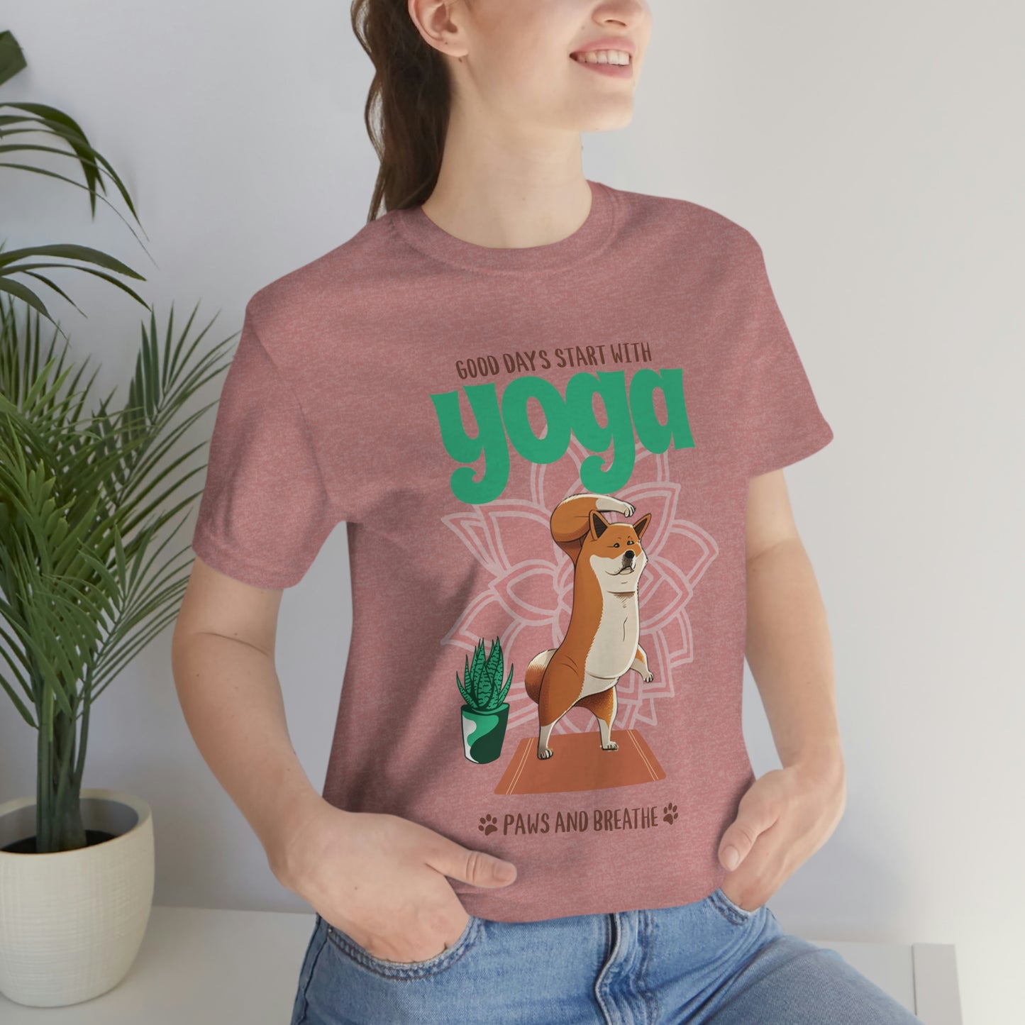 Good Days Start with Yoga, Paws, and Breath Shiba Inu T-Shirt - Soft 100% Retail Fit - Great for Dog Lovers and Yogis