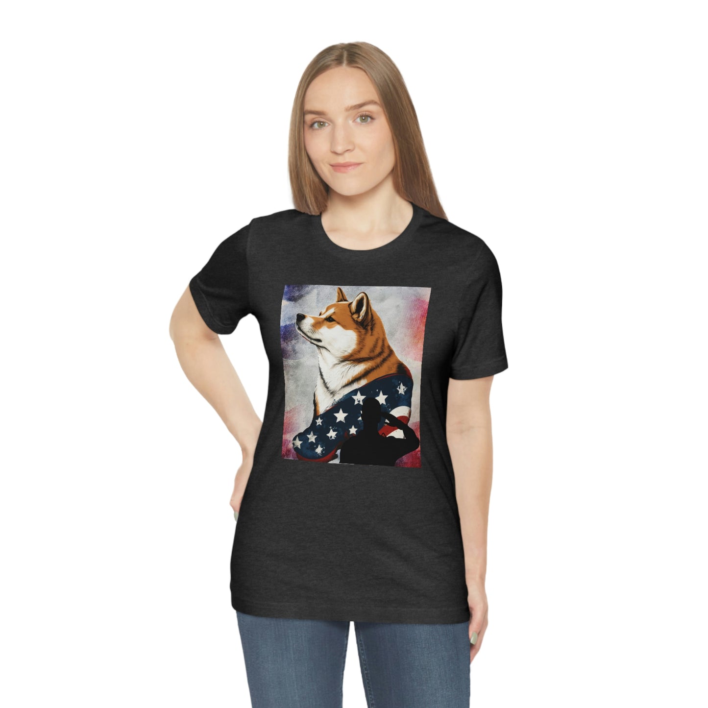 Patriotic Shiba Inu T-Shirt Support Our Troops | American Flag and Soldier Silhouette | Shiba Inu Tee with High-Quality Print